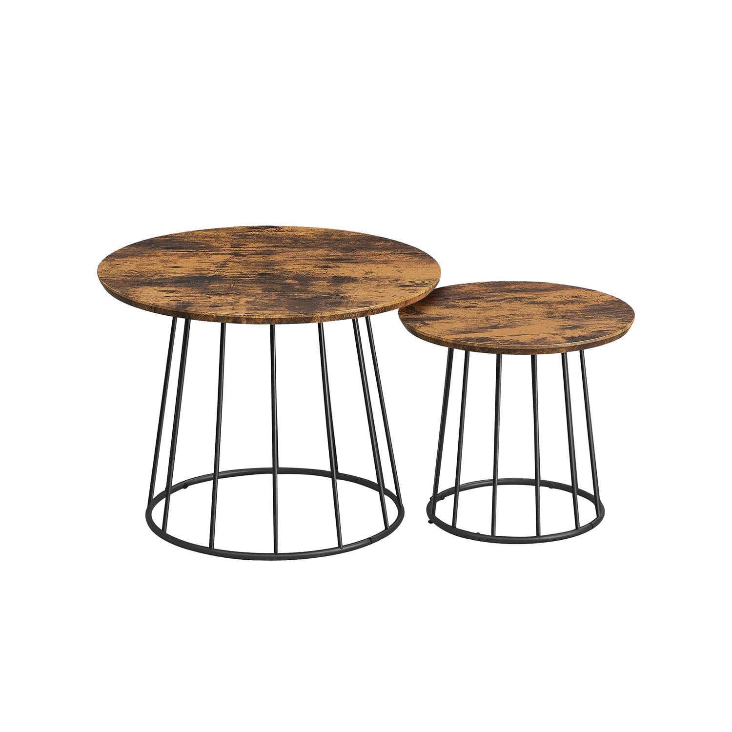 Set of 2 Round Side Tables - Steel Frame - Rustic Brown - Modern Style