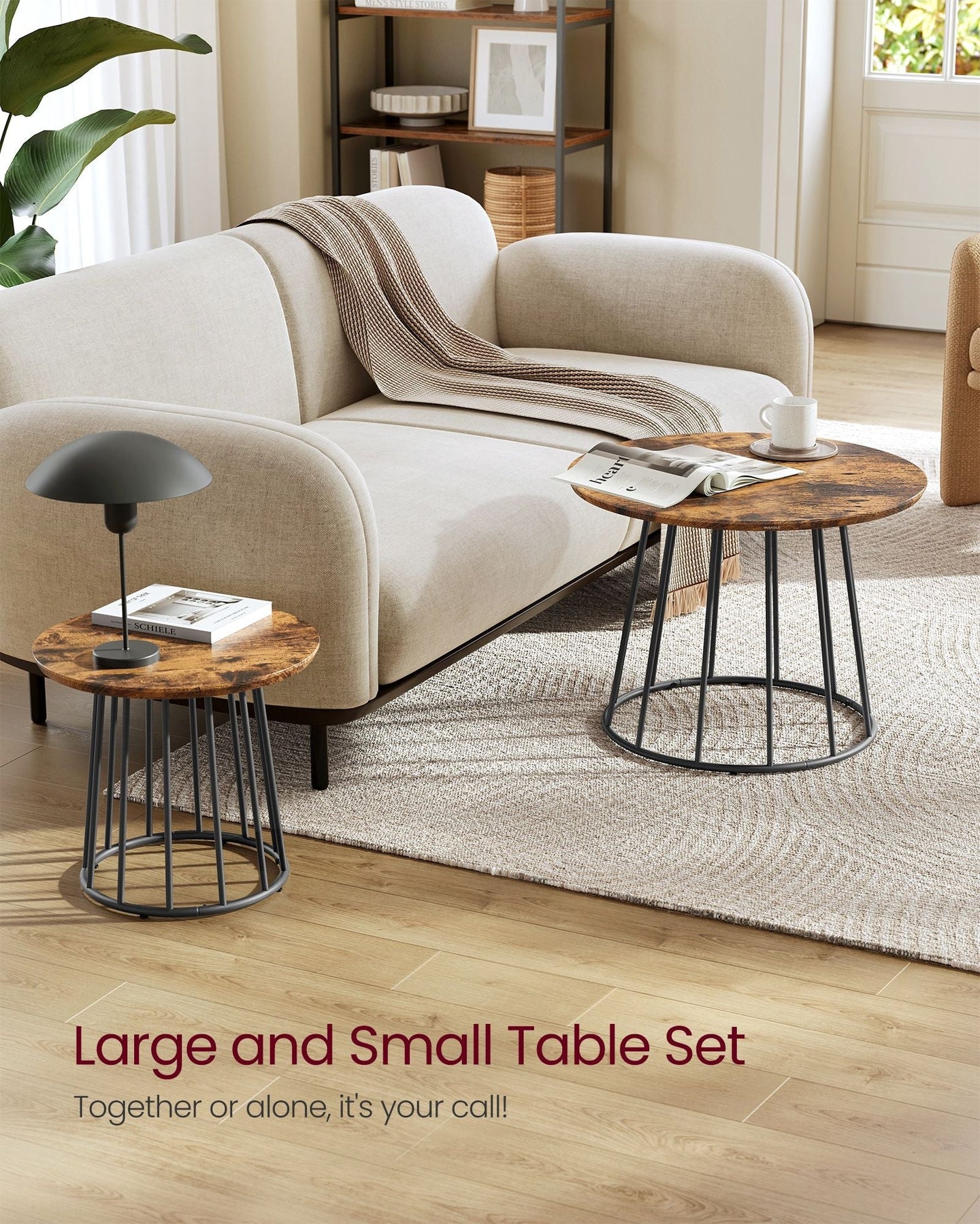 Set of 2 Round Coffee Tables - Steel Frame - Rustic Brown
