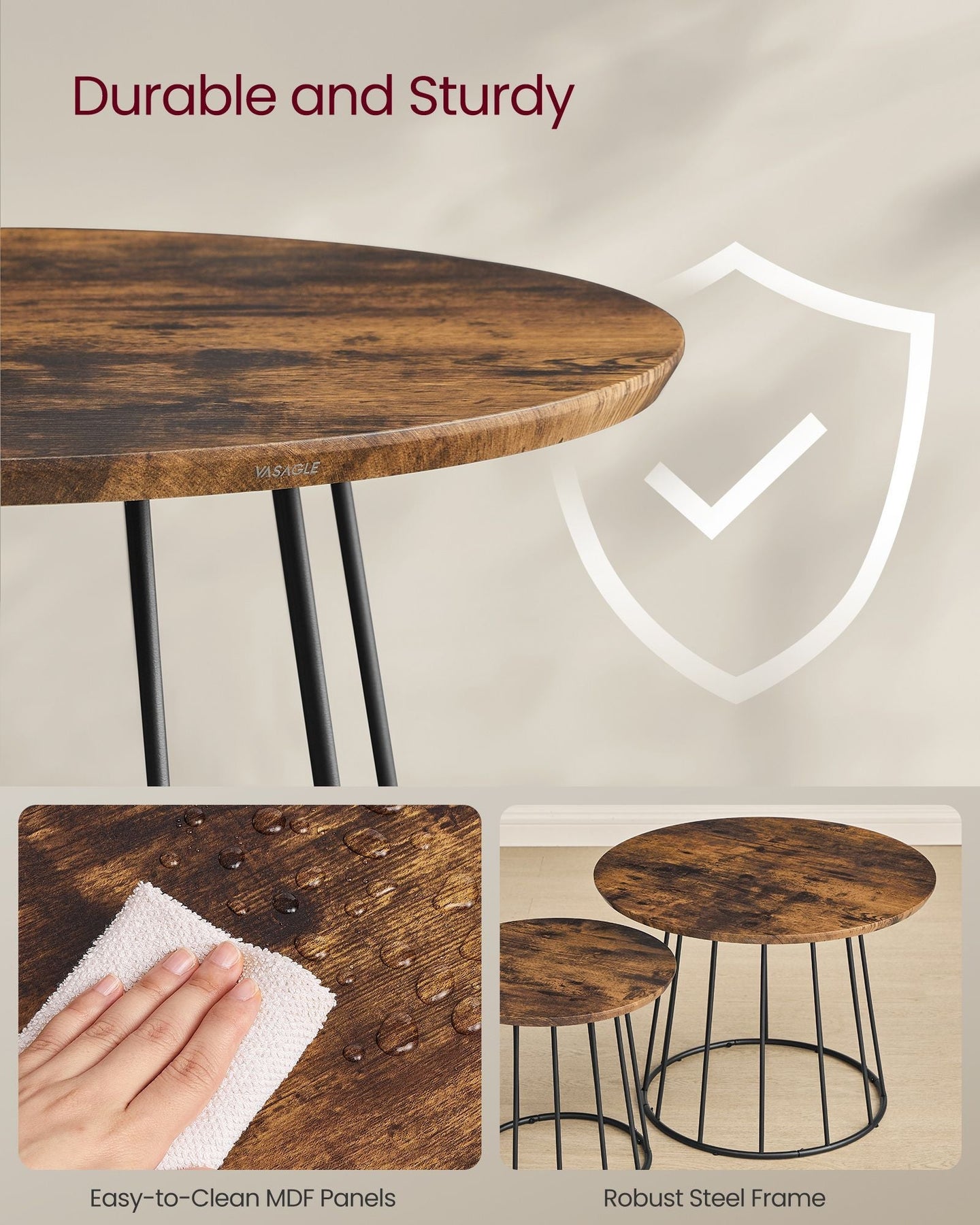 Set of 2 Round Coffee Tables - Steel Frame - Rustic Brown