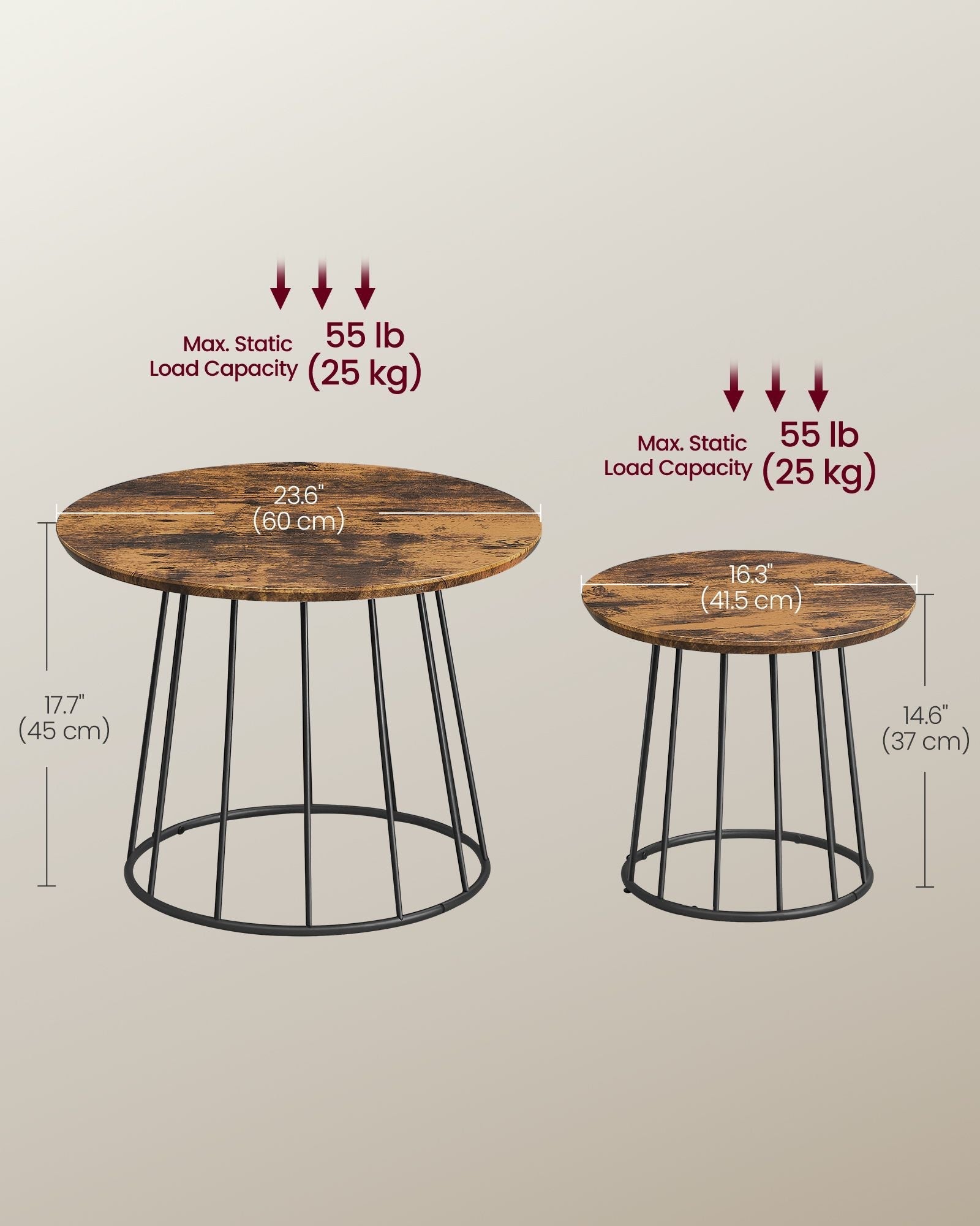 Set of 2 Round Coffee Tables - Steel Frame - Rustic Brown
