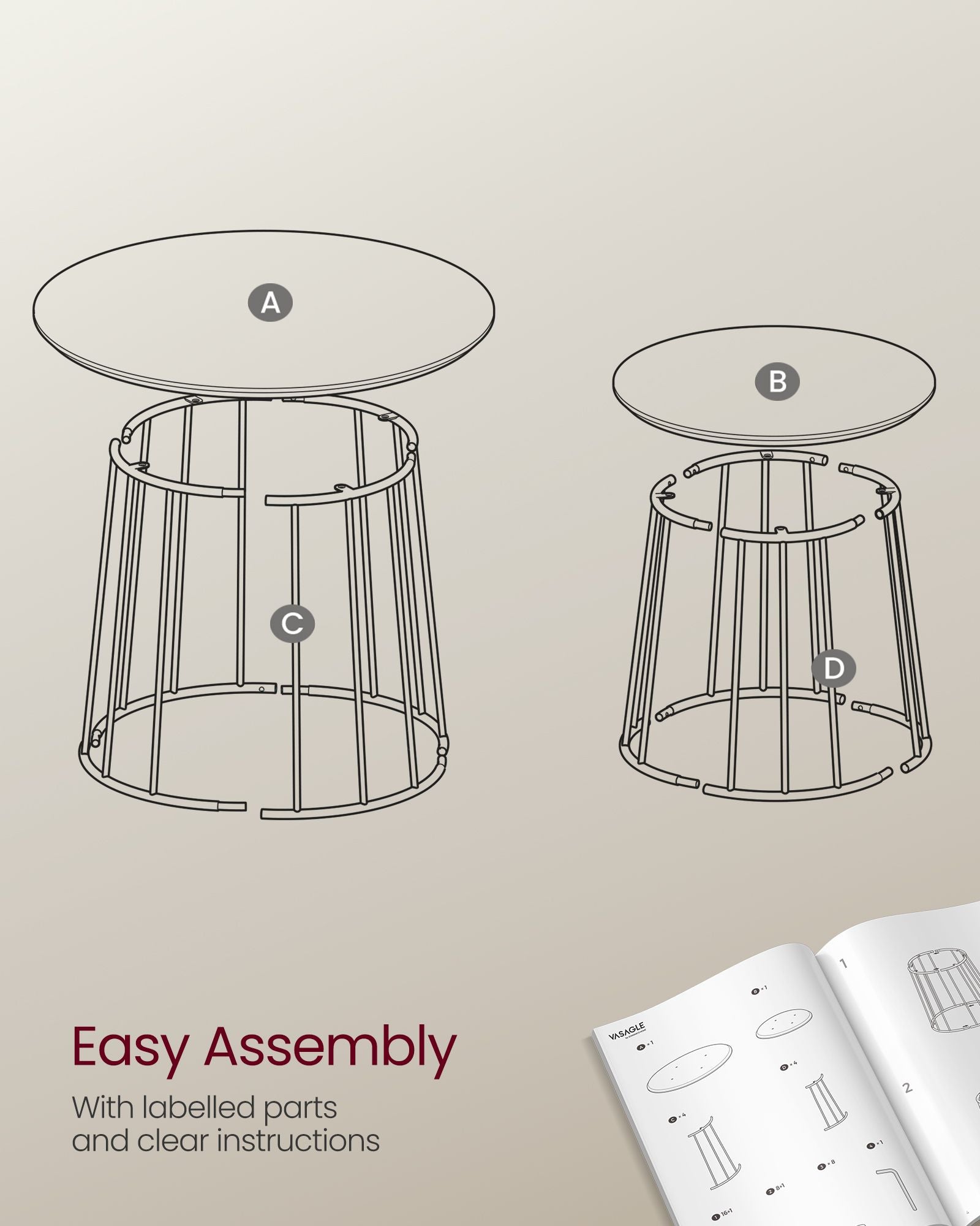 Set of 2 Round Coffee Tables - Steel Frame - Rustic Brown