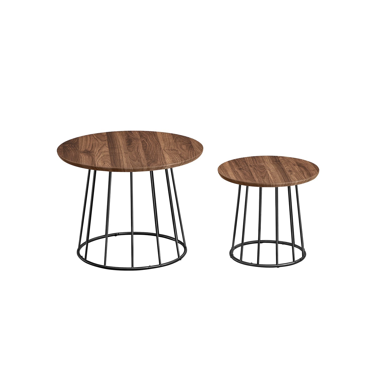 Set of 2 Round Side Tables - Steel Frame - Rustic Brown - Modern Style