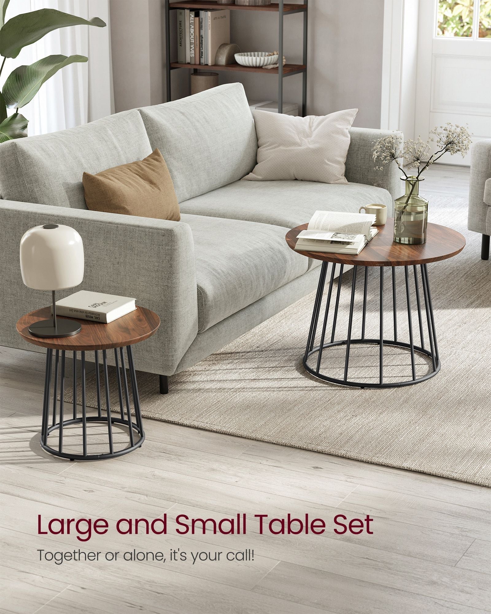 Set of 2 Round Side Tables - Steel Frame - Rustic Brown - Modern Style