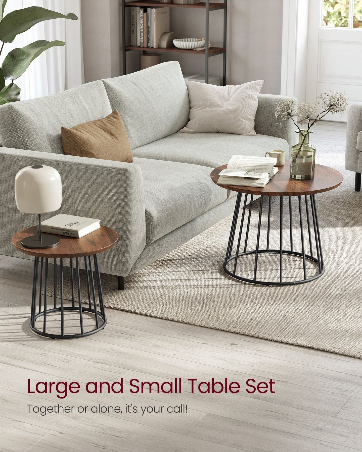 Set of 2 Round Side Tables - Steel Frame - Rustic Brown - Modern Style