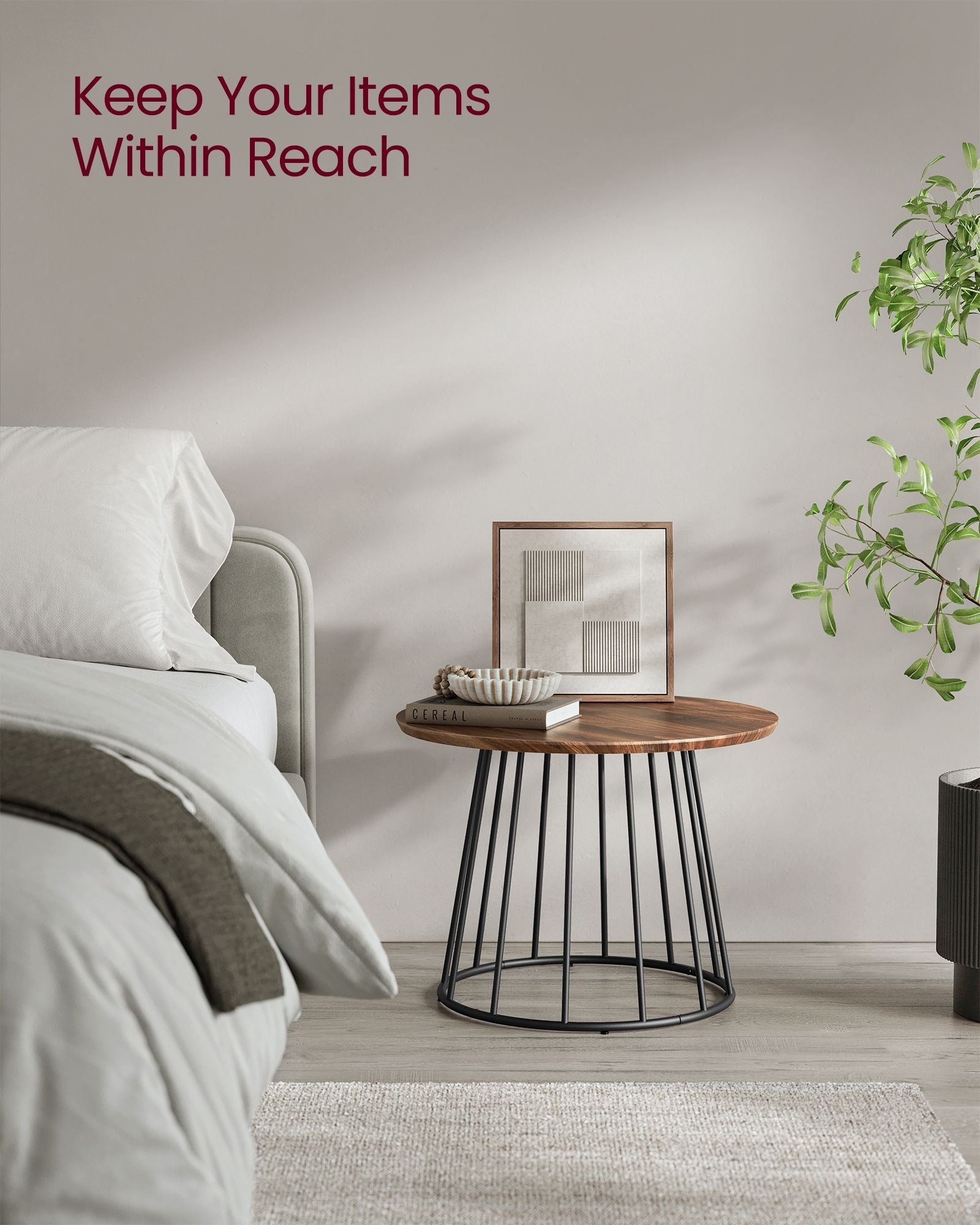Set of 2 Round Side Tables - Steel Frame - Rustic Brown - Modern Style