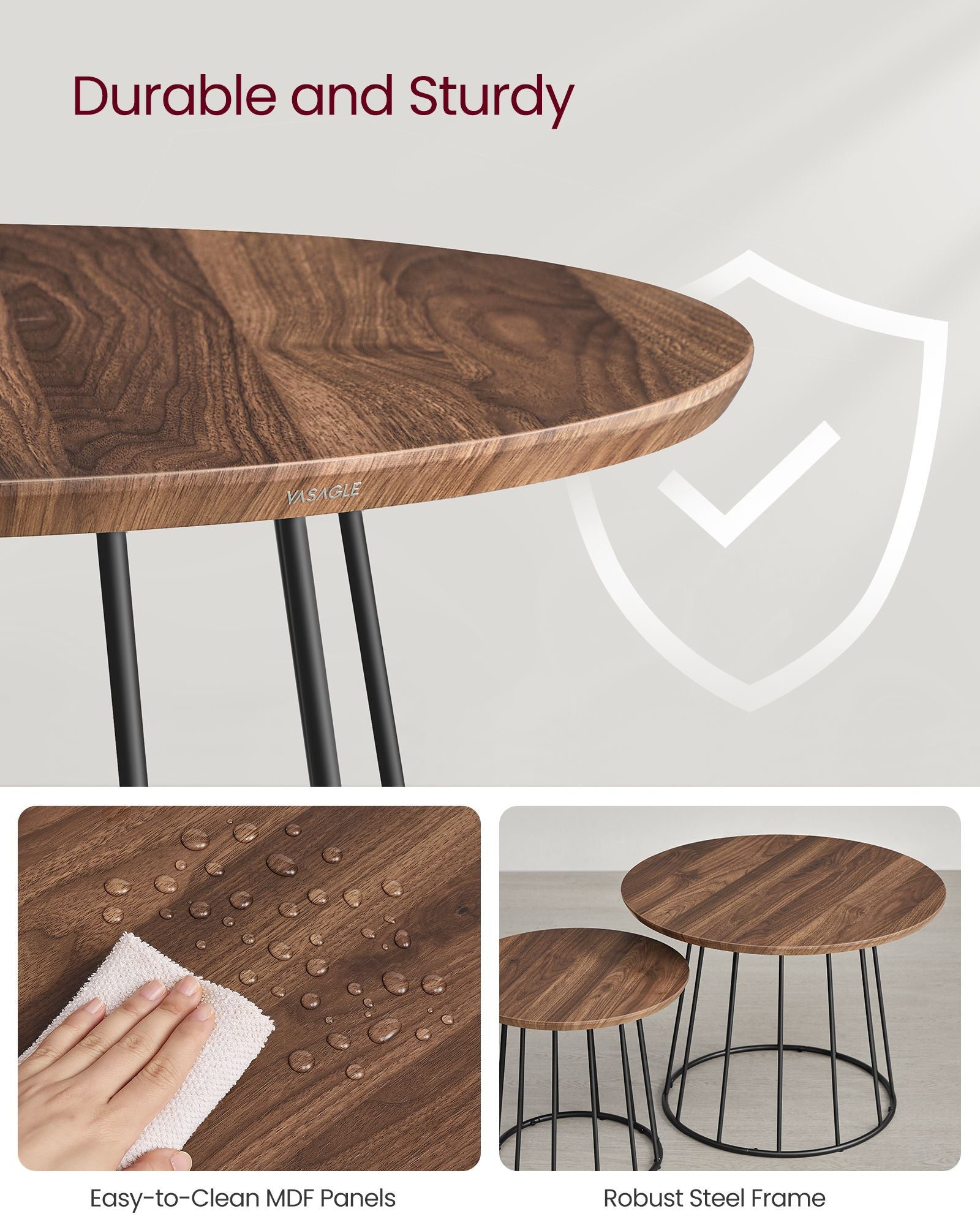 Set of 2 Round Side Tables - Steel Frame - Rustic Brown - Modern Style