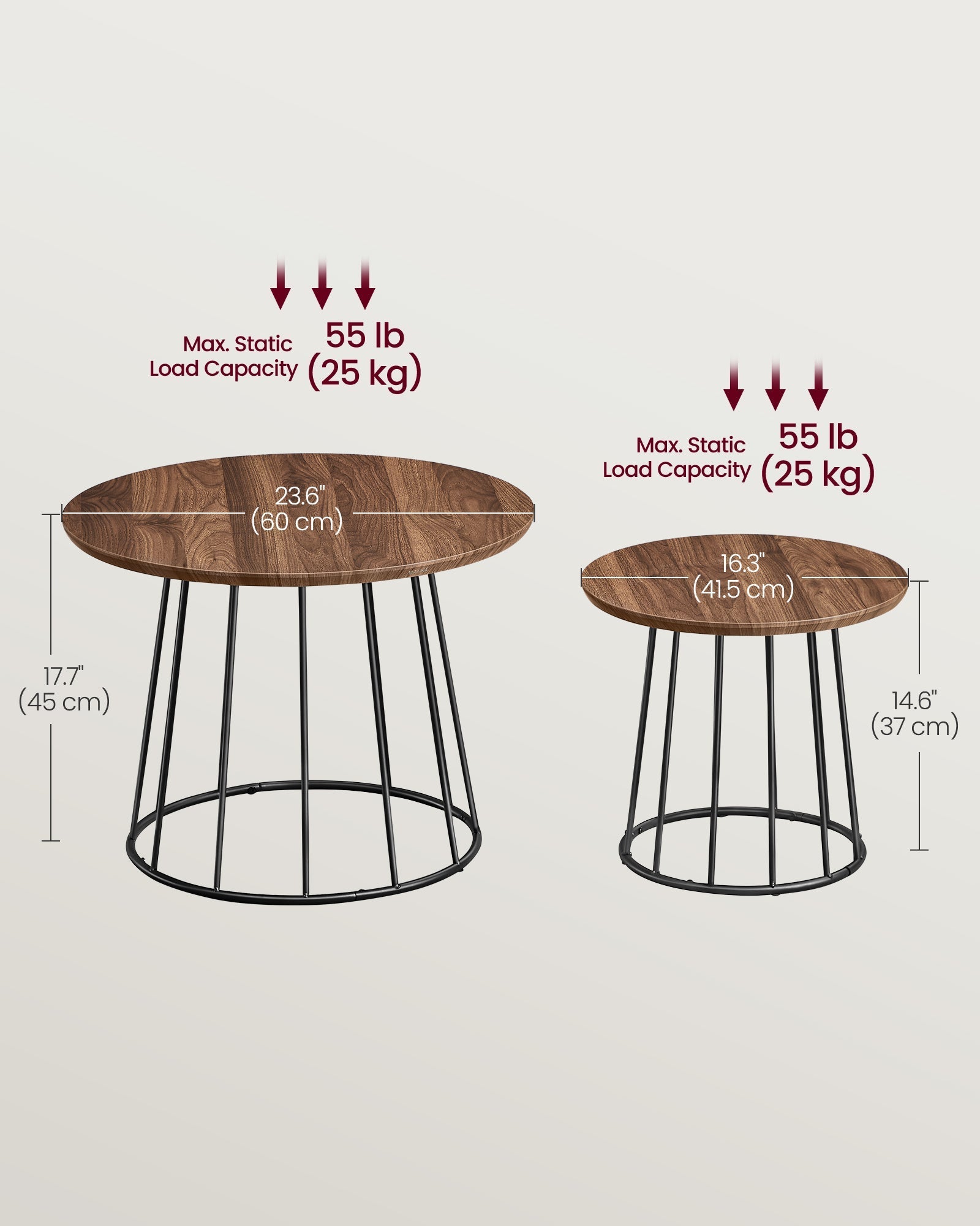 Set of 2 Round Side Tables - Steel Frame - Rustic Brown - Modern Style