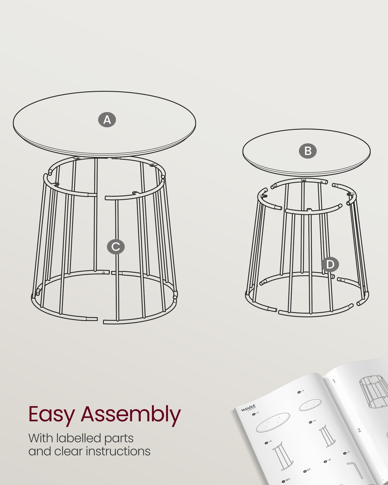 Set of 2 Round Side Tables - Steel Frame - Rustic Brown - Modern Style