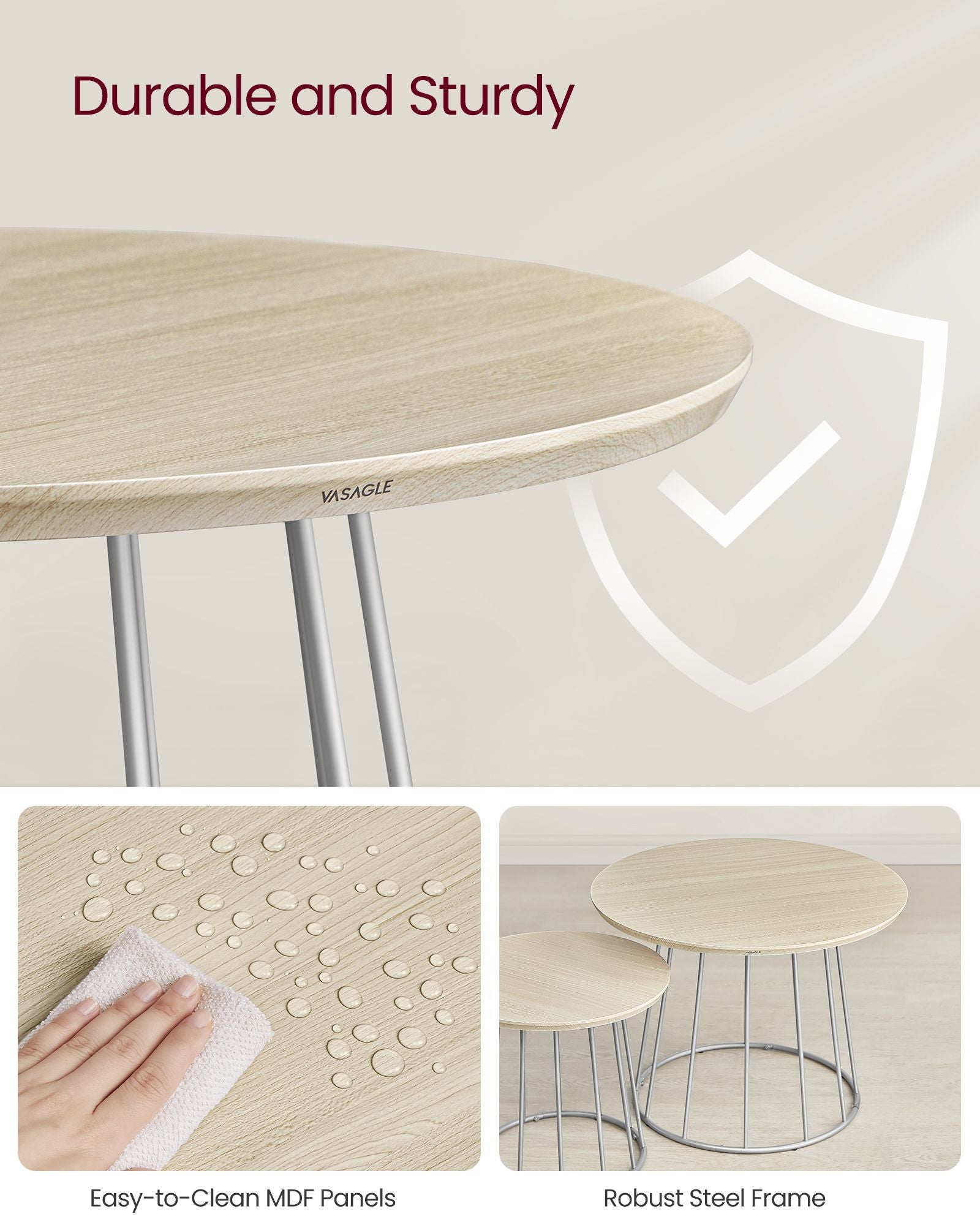 Coffee Table Set - Steel Frame - Natural Beige - Modern Round Design