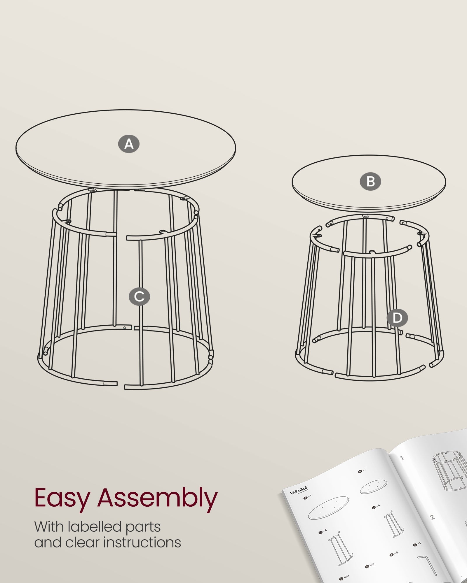 Coffee Table Set - Steel Frame - Natural Beige - Modern Round Design