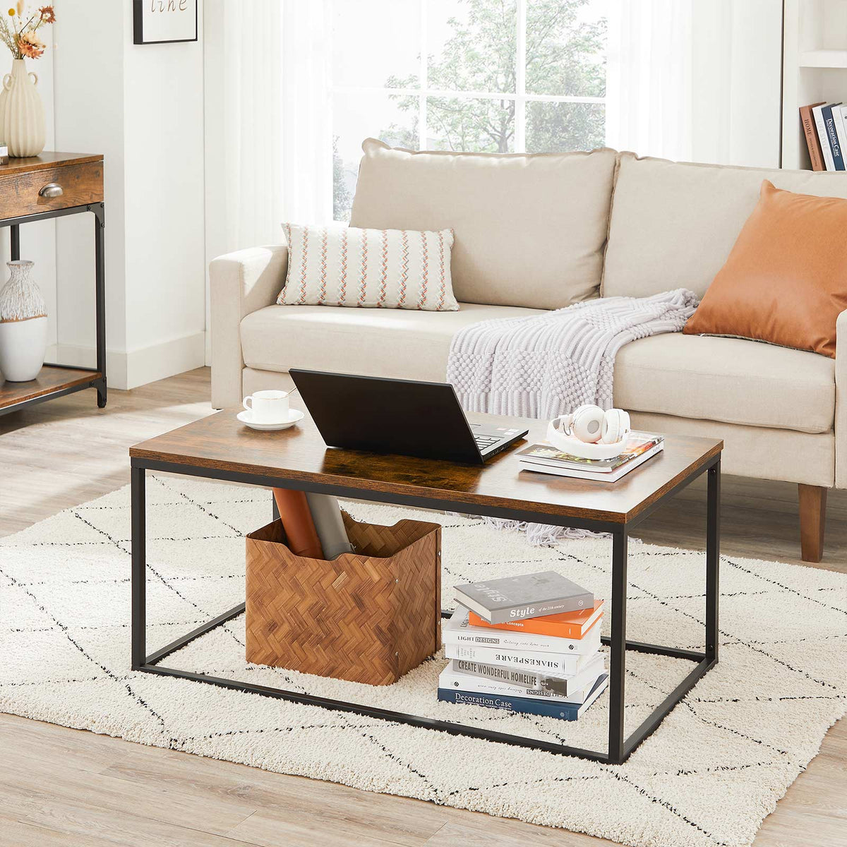 Coffee Table - Steel Frame - Rustic Brown and Black - Compact Dimensions
