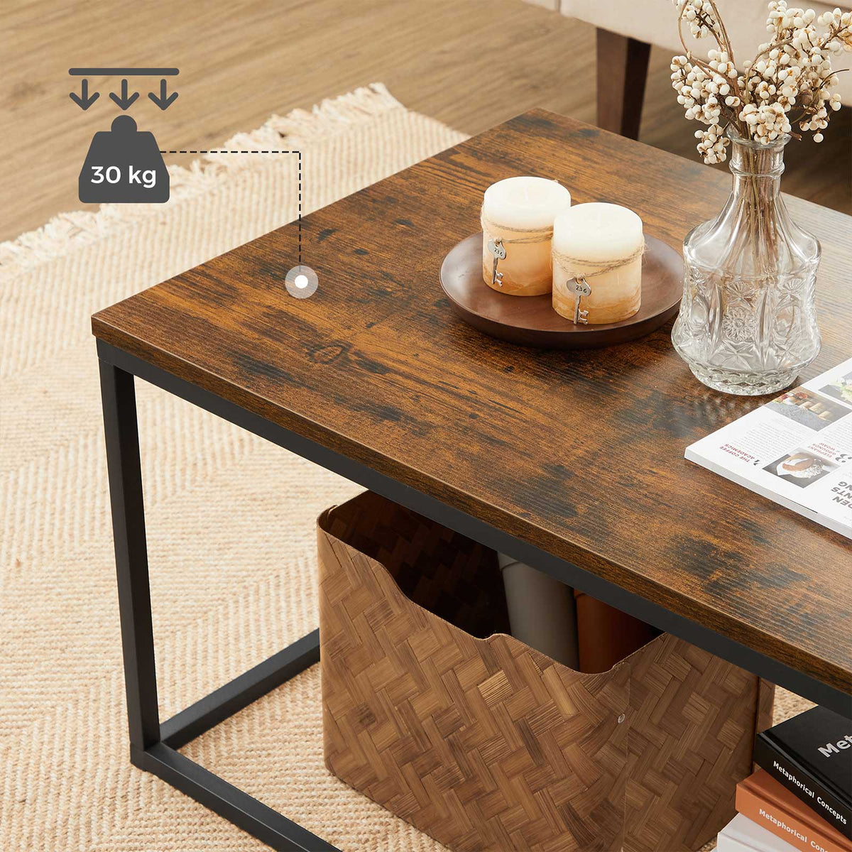 Coffee Table - Steel Frame - Rustic Brown and Black - Compact Dimensions