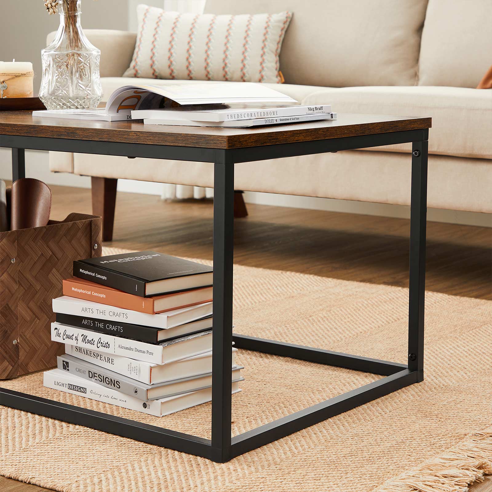 Coffee Table - Steel Frame - Rustic Brown and Black - Compact Dimensions