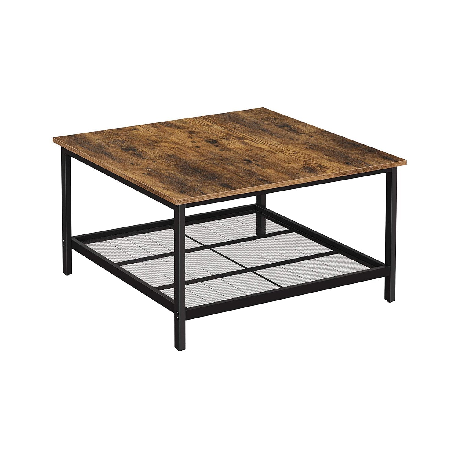 Square Cocktail Table - Steel - Rustic Brown and Black - Spacious Table Top with Mesh Storage Shelf
