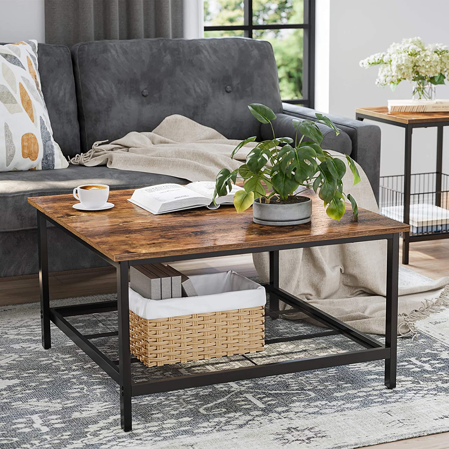 Square Cocktail Table - Steel - Rustic Brown and Black - Spacious Table Top with Mesh Storage Shelf