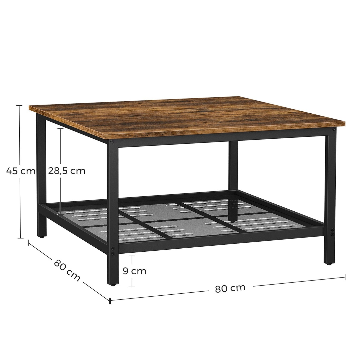 Square Cocktail Table - Steel - Rustic Brown and Black - Spacious Table Top with Mesh Storage Shelf