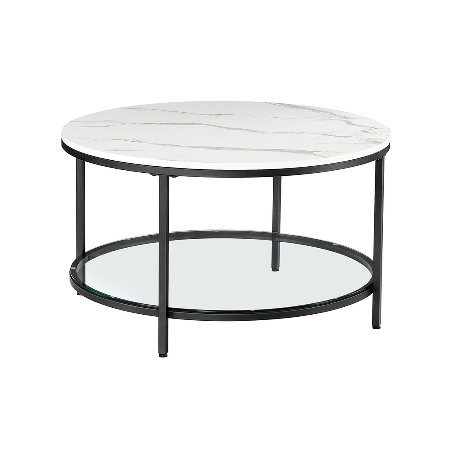 Round Coffee Table - Faux Marble - White and Ink Black - Tempered Glass Storage Shelf