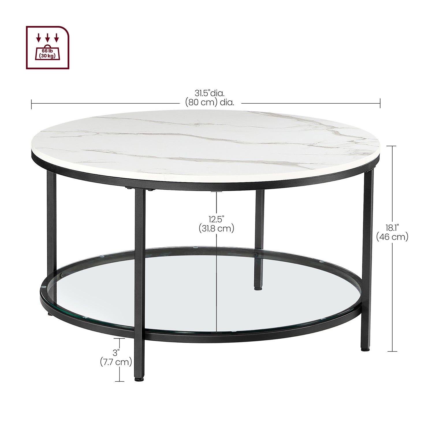 Round Coffee Table - Faux Marble - White and Ink Black - Tempered Glass Storage Shelf