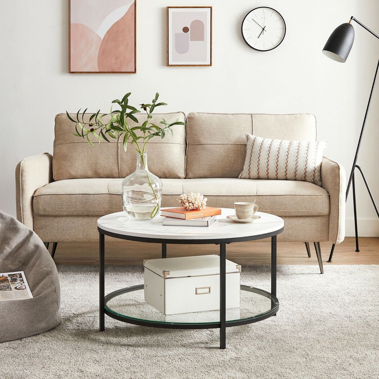 Round Coffee Table - Faux Marble - White and Ink Black - Tempered Glass Storage Shelf