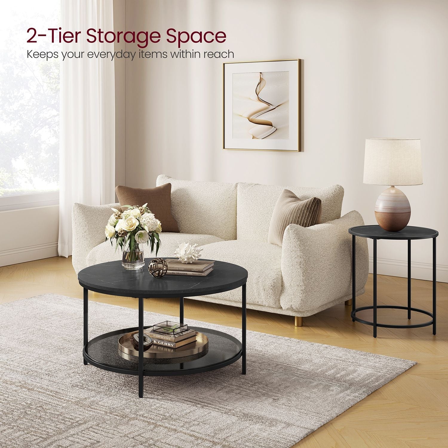 Round Coffee Table - Faux Marble - Black