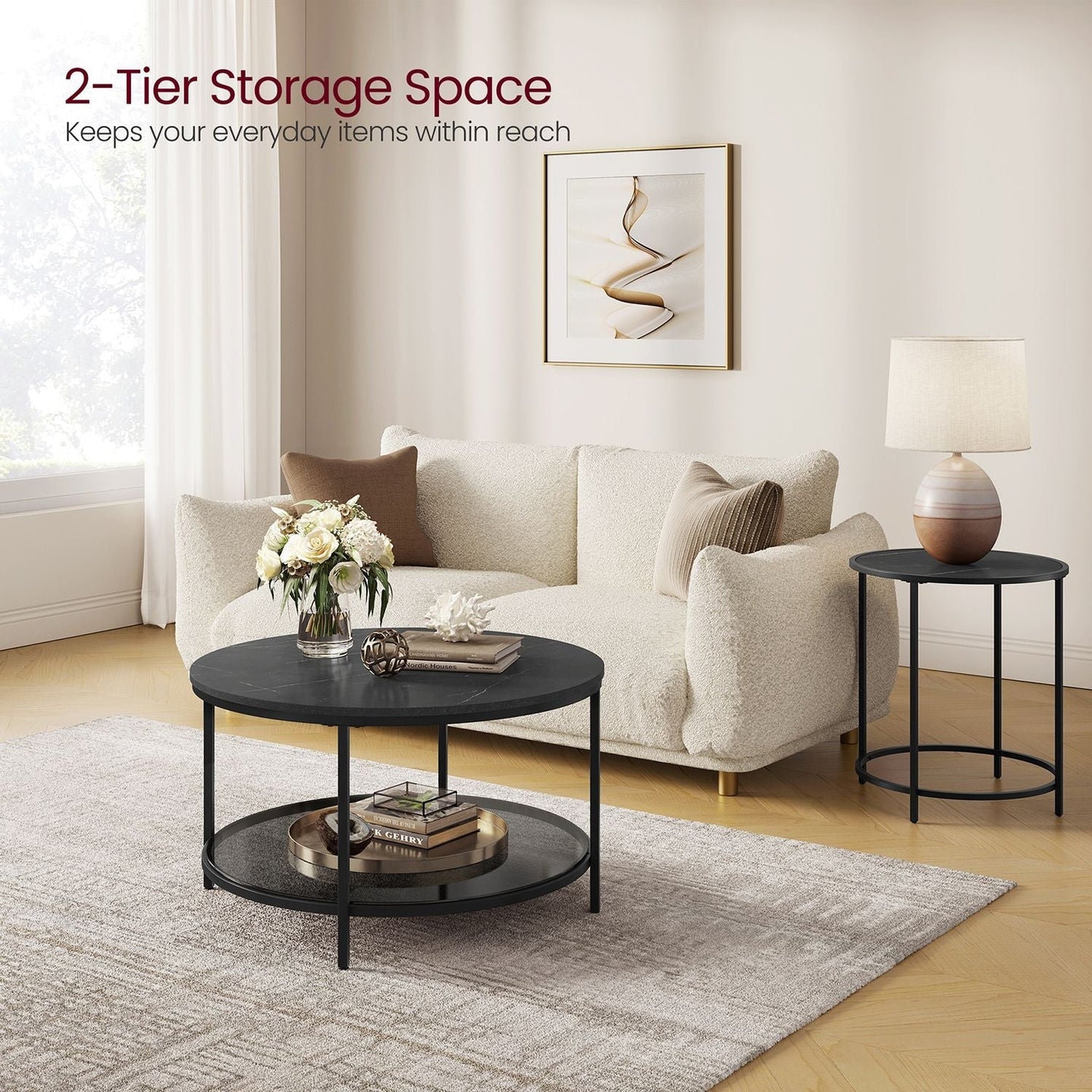 Round Coffee Table - Faux Marble - Black