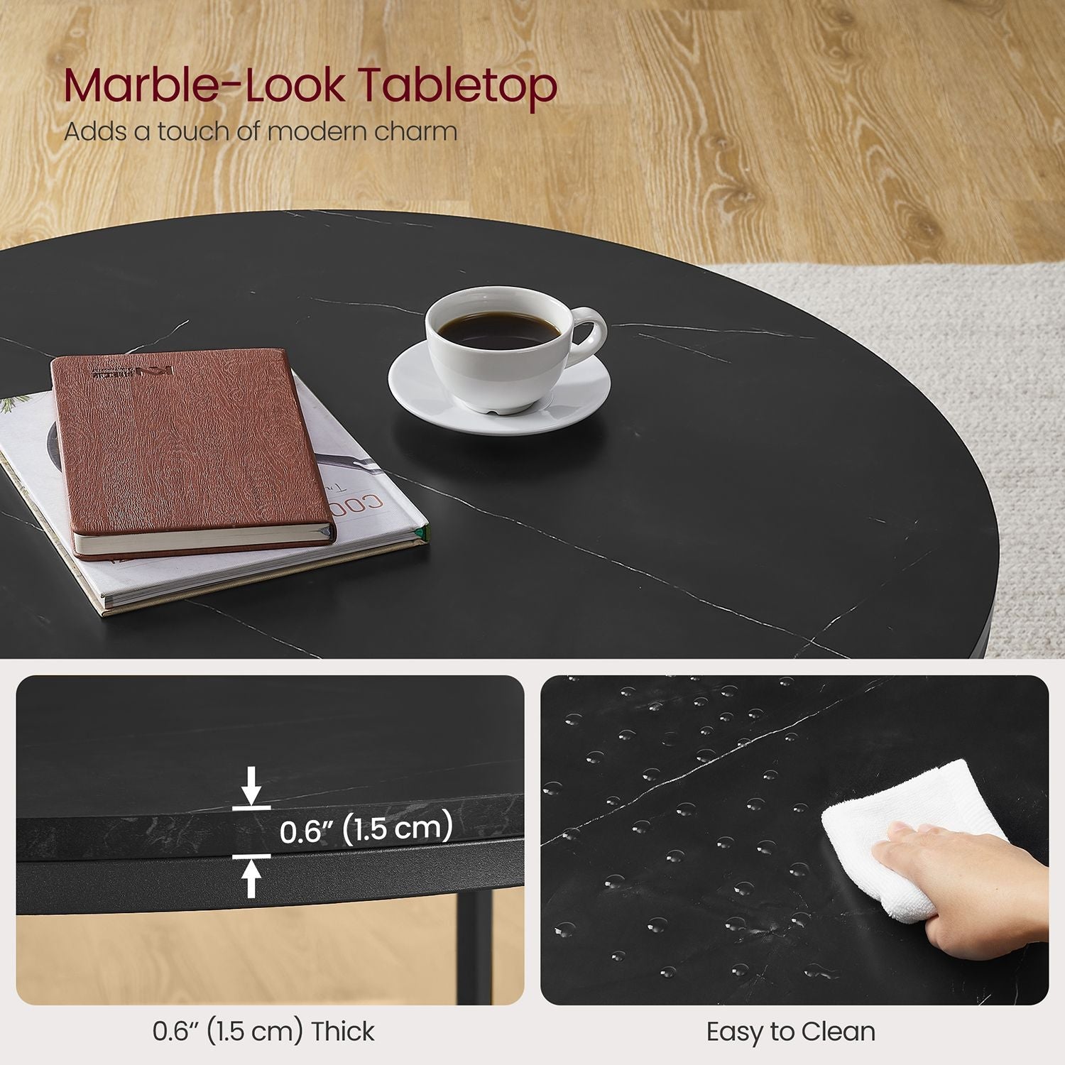 Round Coffee Table - Faux Marble - Black