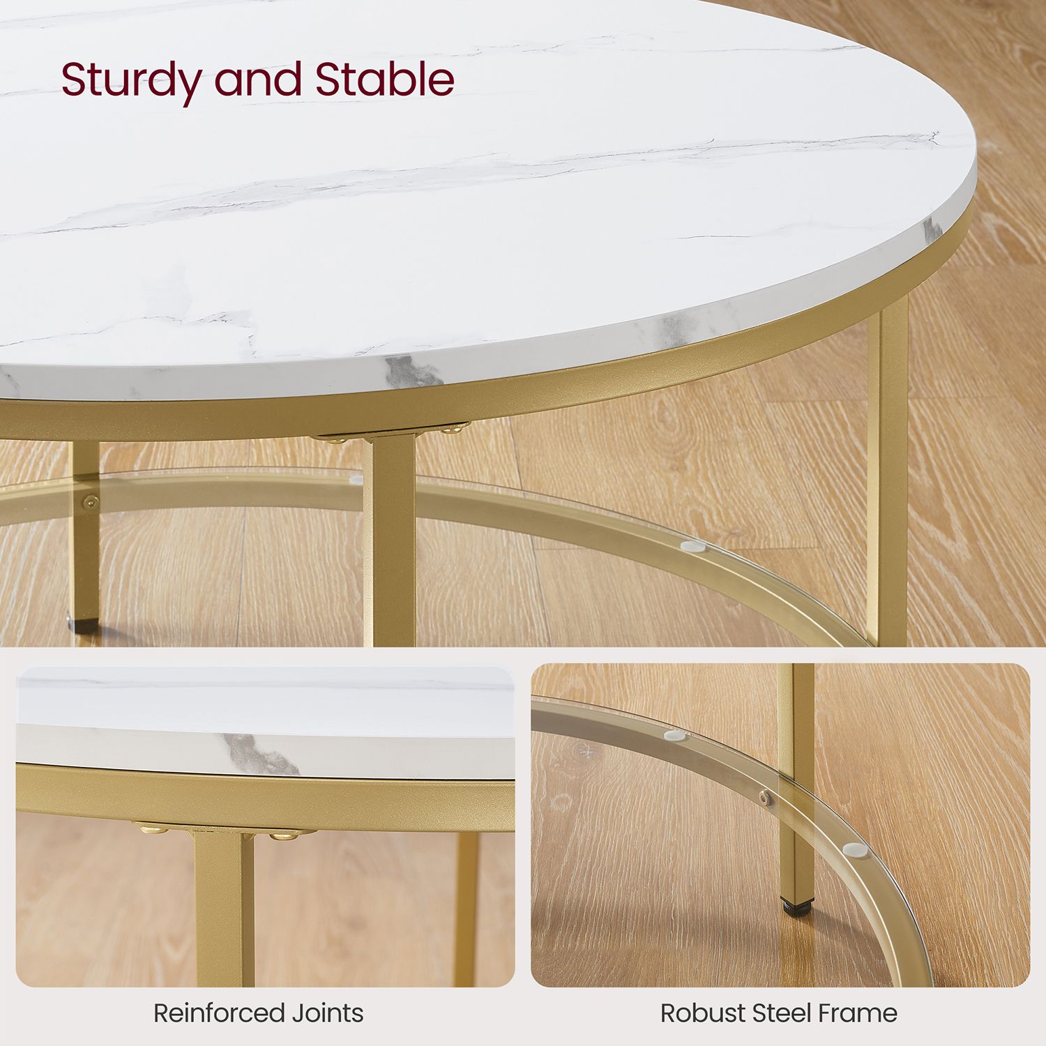 Round Coffee Table - Faux Marble - White and Metallic Gold