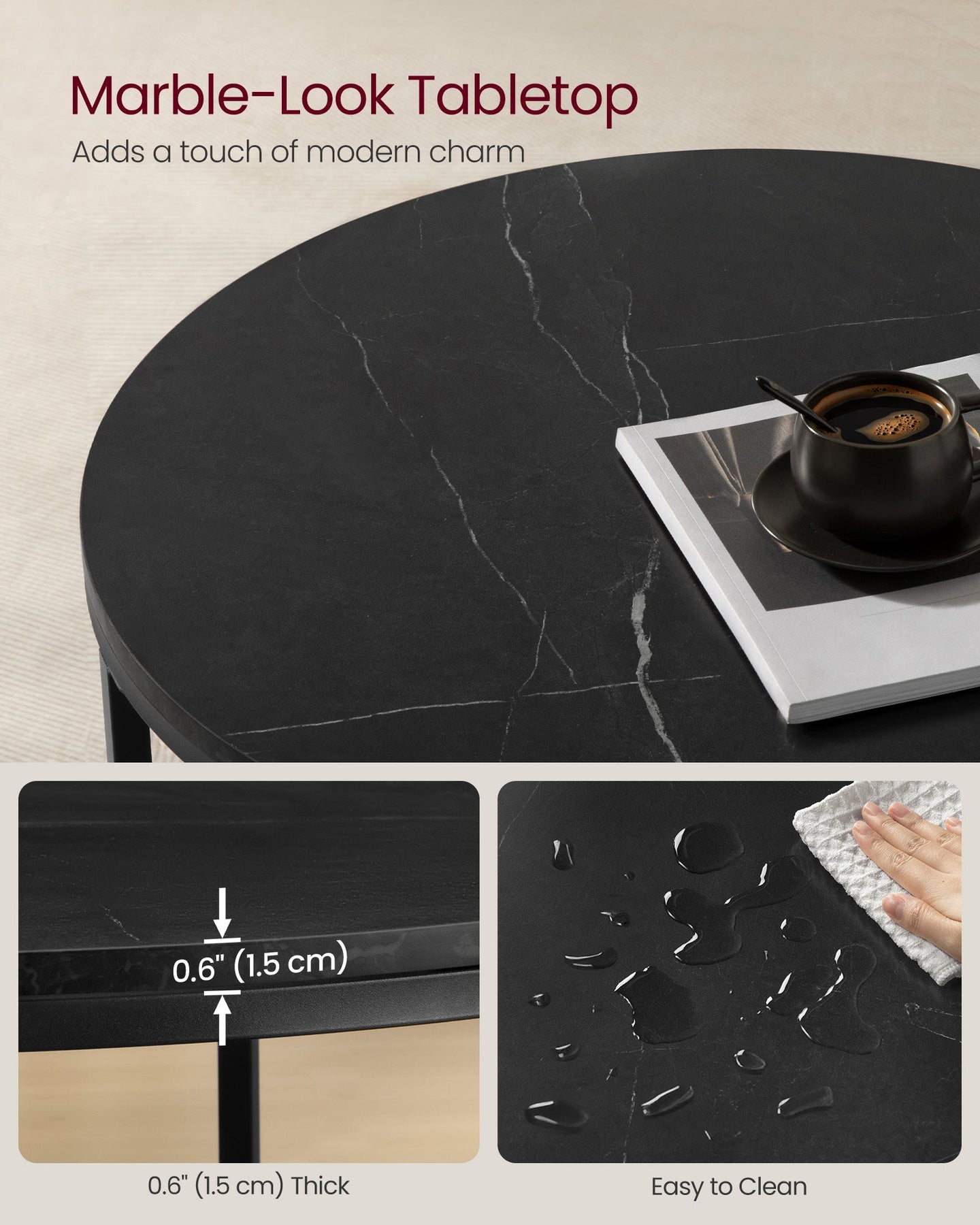 Round Coffee Table - Faux Marble - Black - Compact and Convenient Size