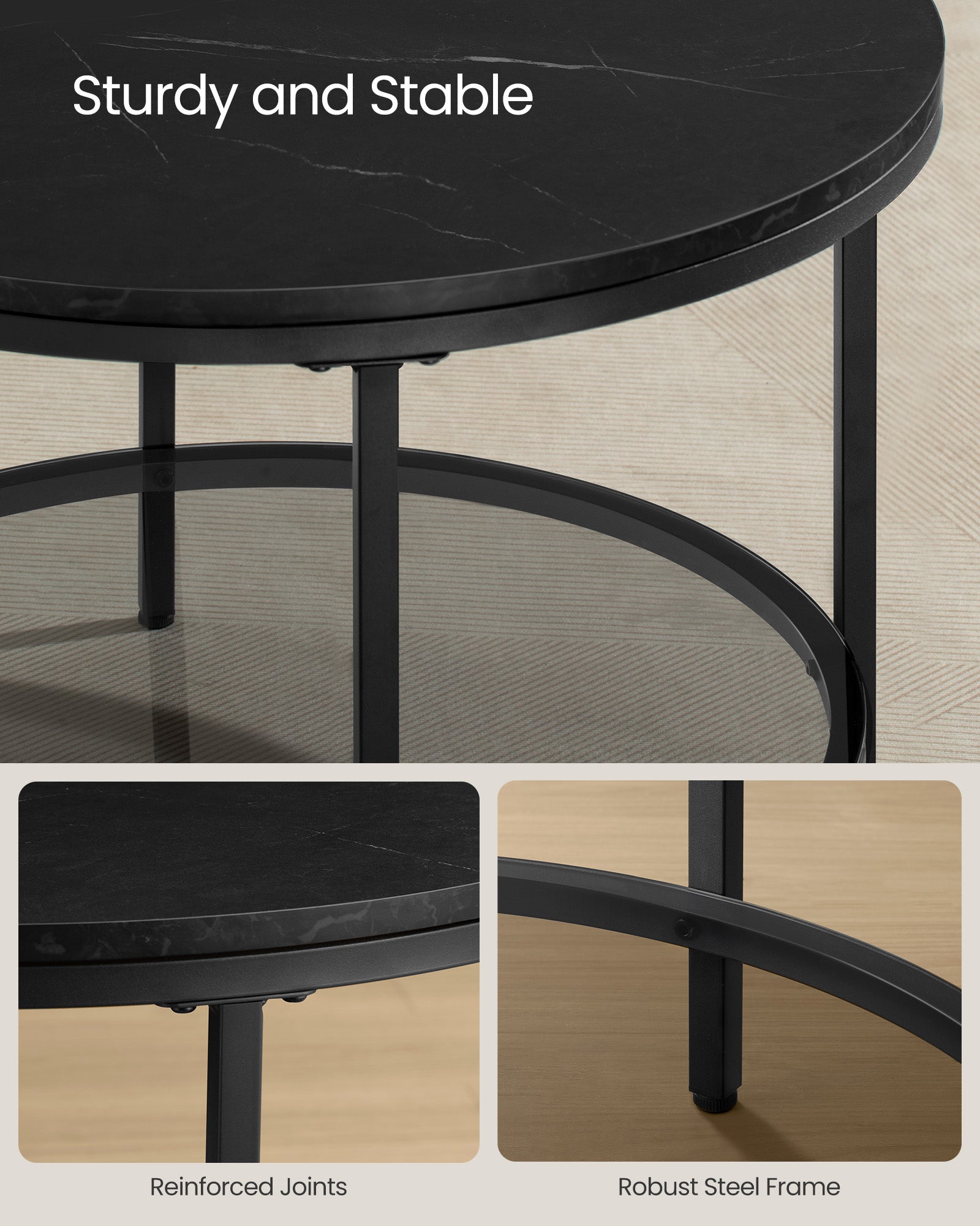 Round Coffee Table - Faux Marble - Black - Compact and Convenient Size