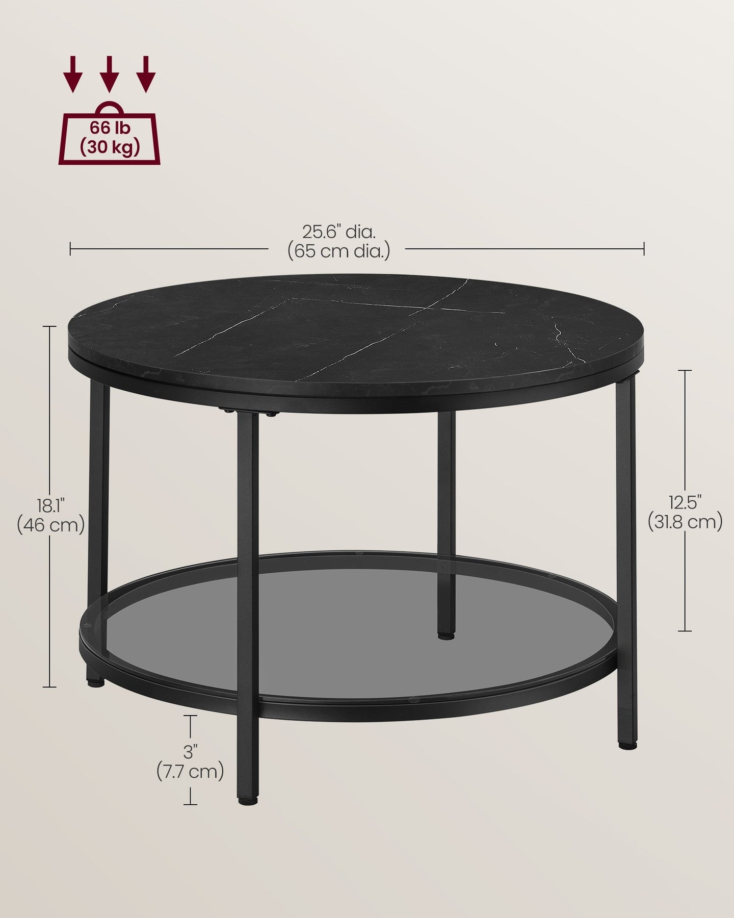 Round Coffee Table - Faux Marble - Black - Compact and Convenient Size