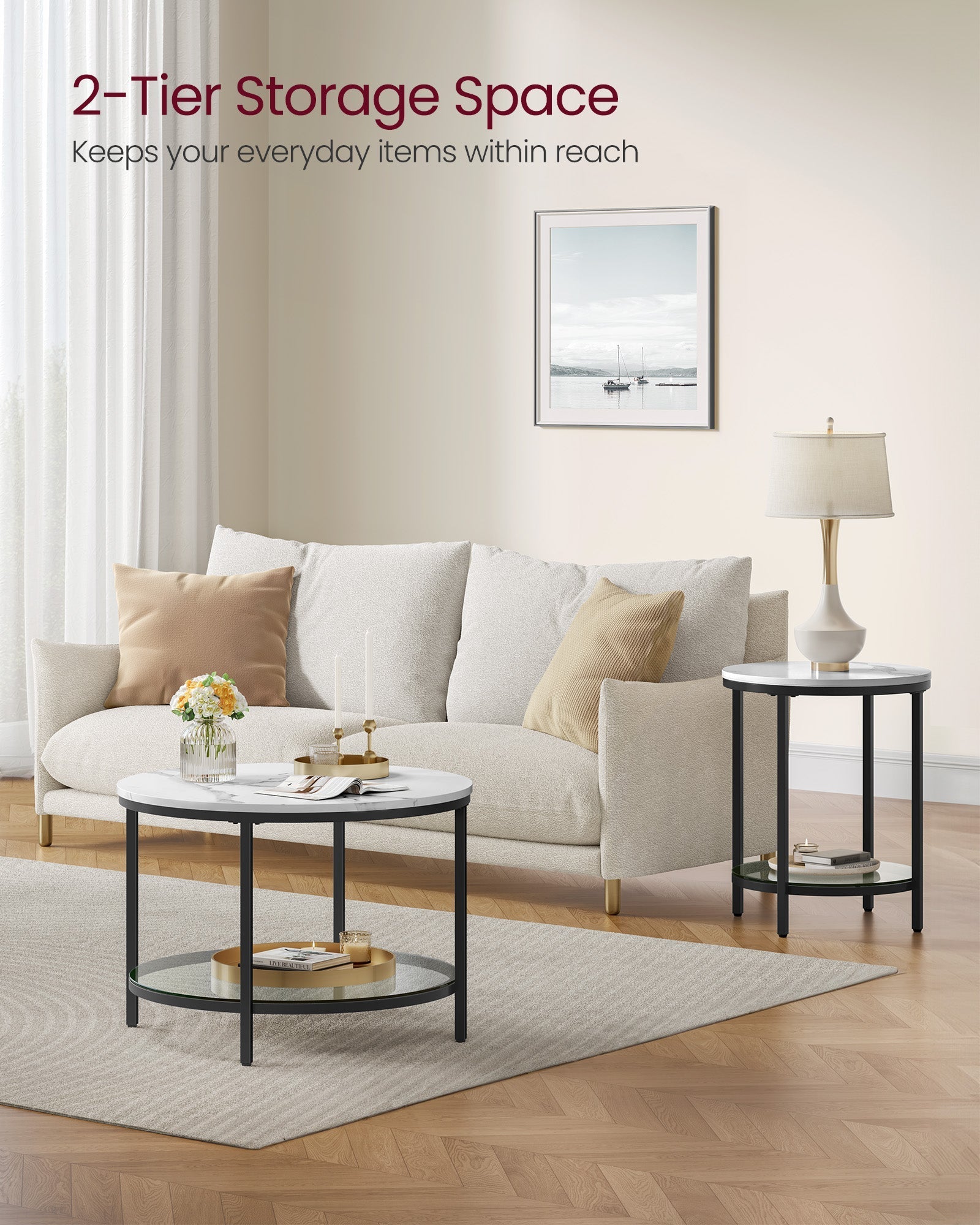 Round Coffee Table - Faux Marble - White and Ink Black