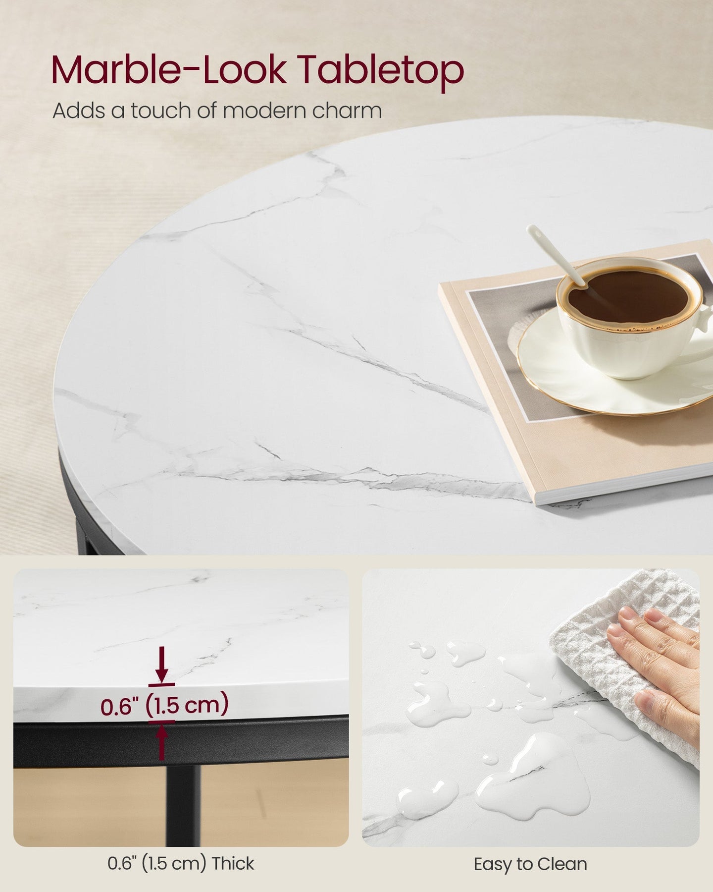 Round Coffee Table - Faux Marble - White and Ink Black