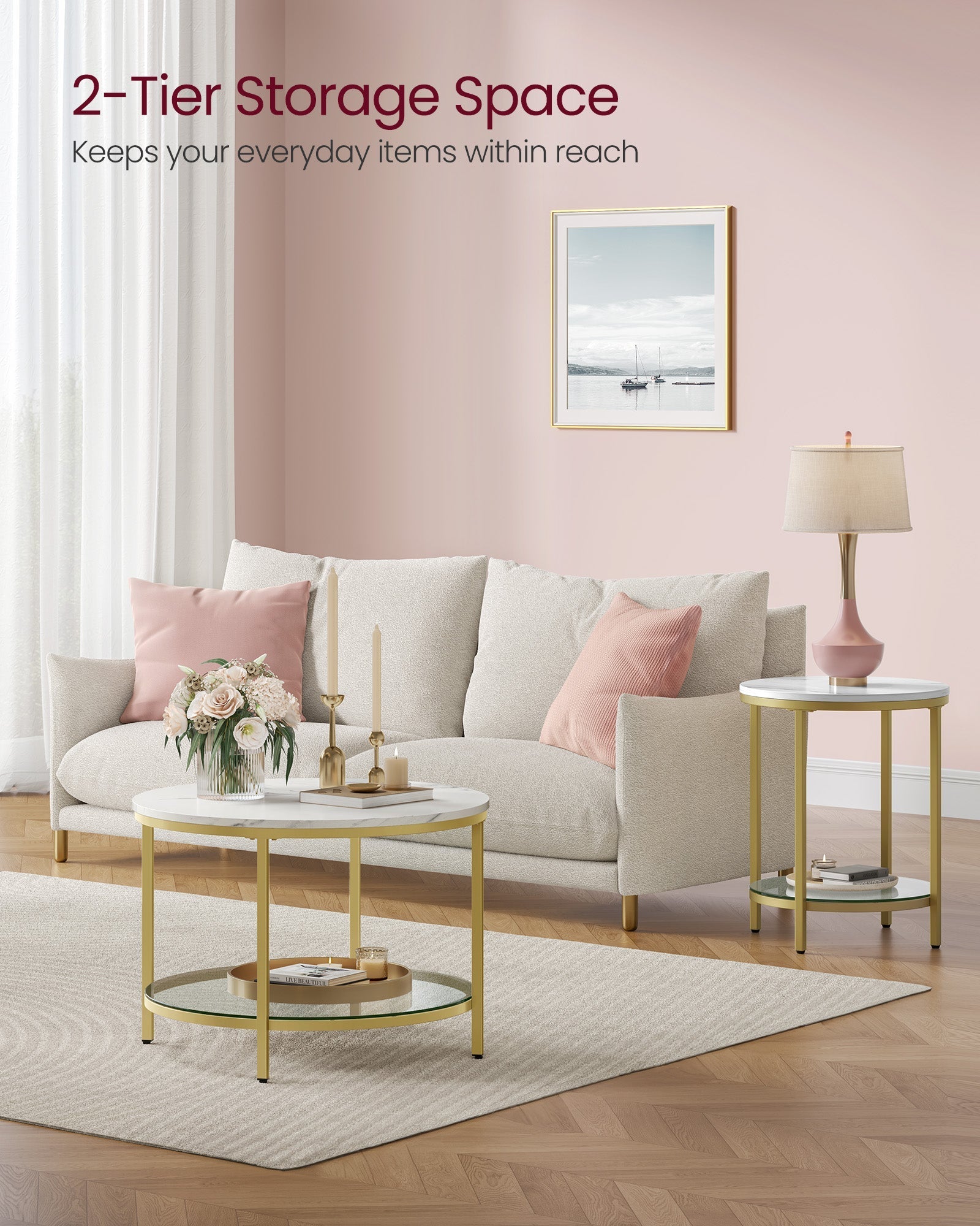 Round Coffee Table - Faux Marble - White and Pale Gold