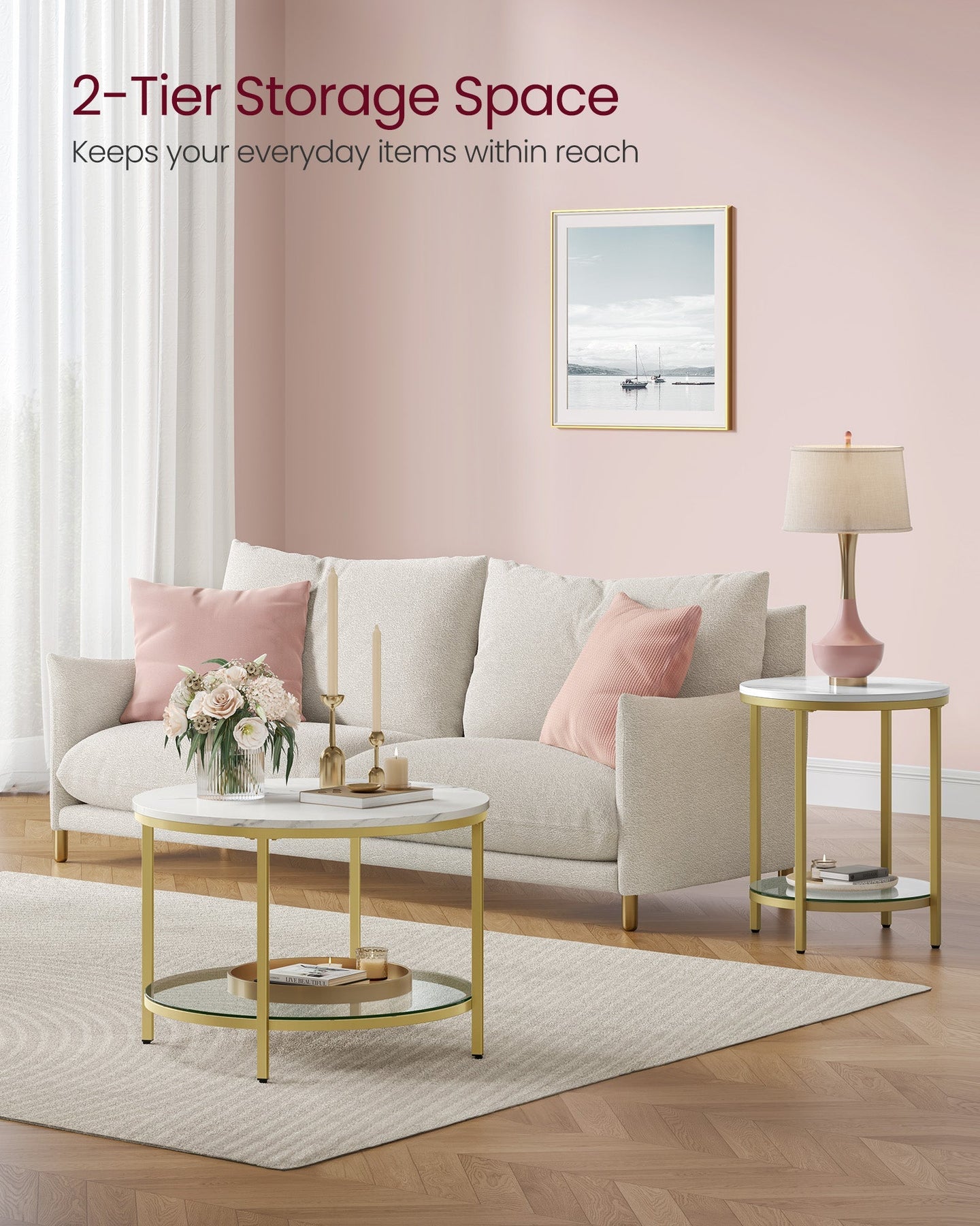 Round Coffee Table - Faux Marble - White and Pale Gold