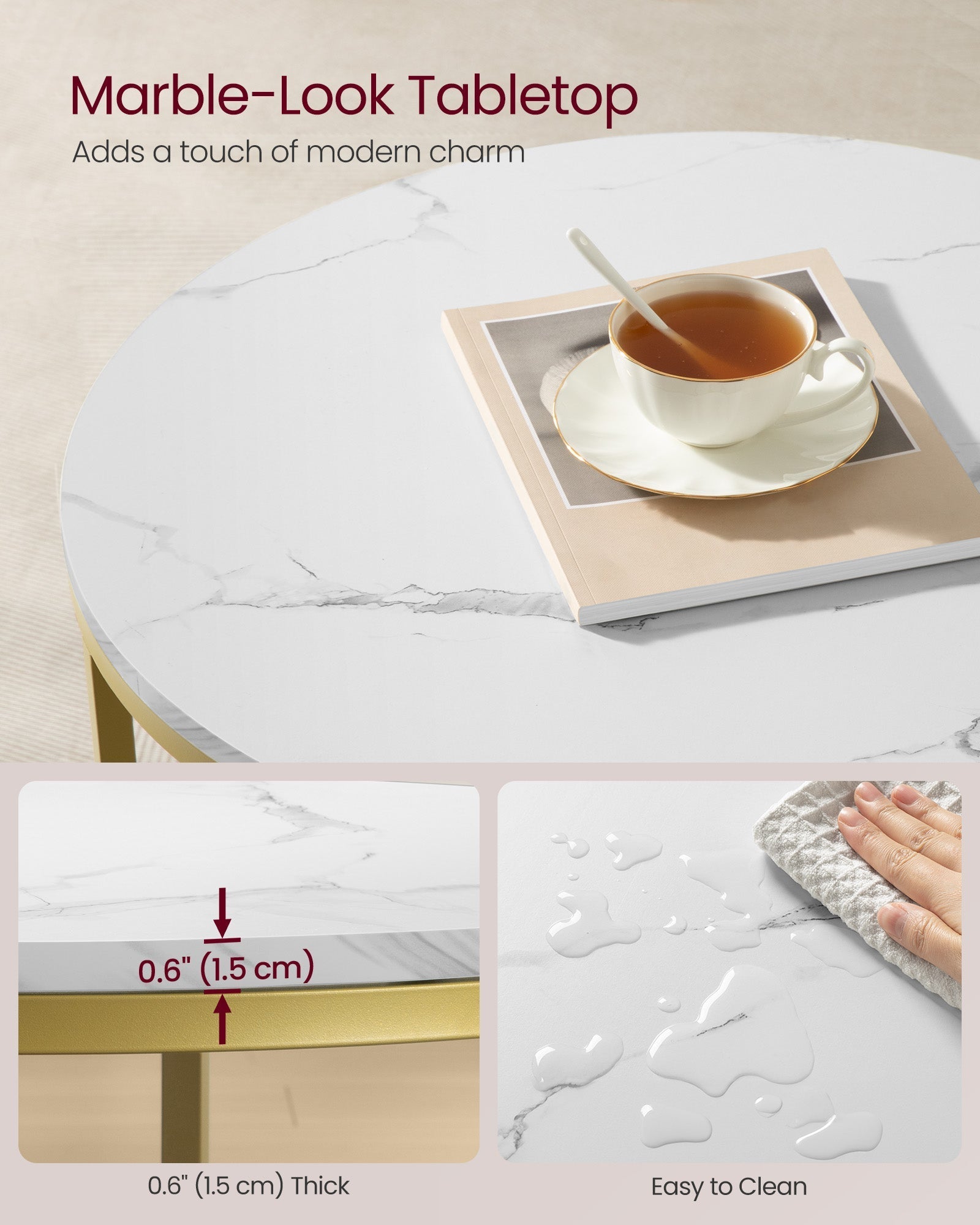 Round Coffee Table - Faux Marble - White and Pale Gold