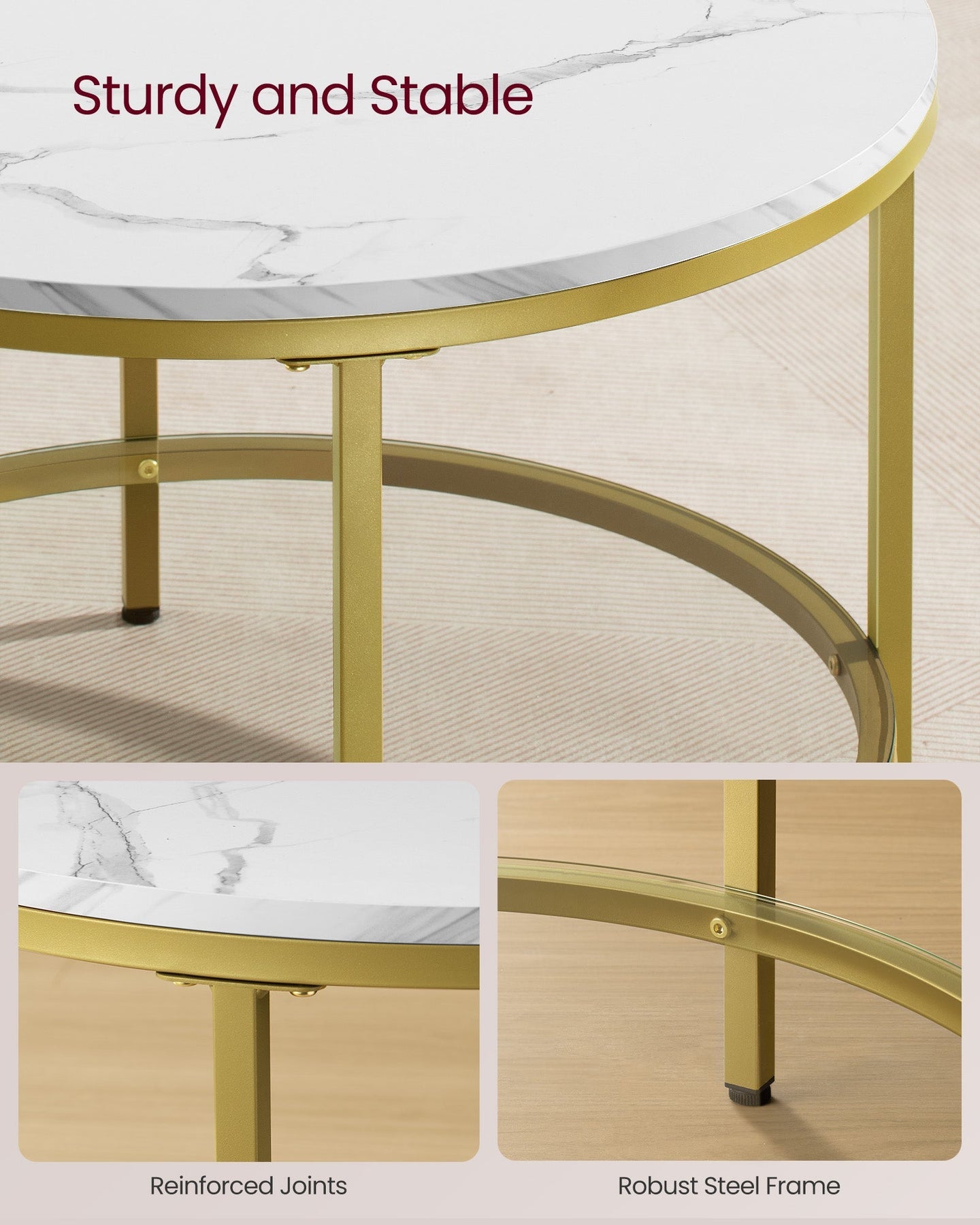 Round Coffee Table - Faux Marble - White and Pale Gold