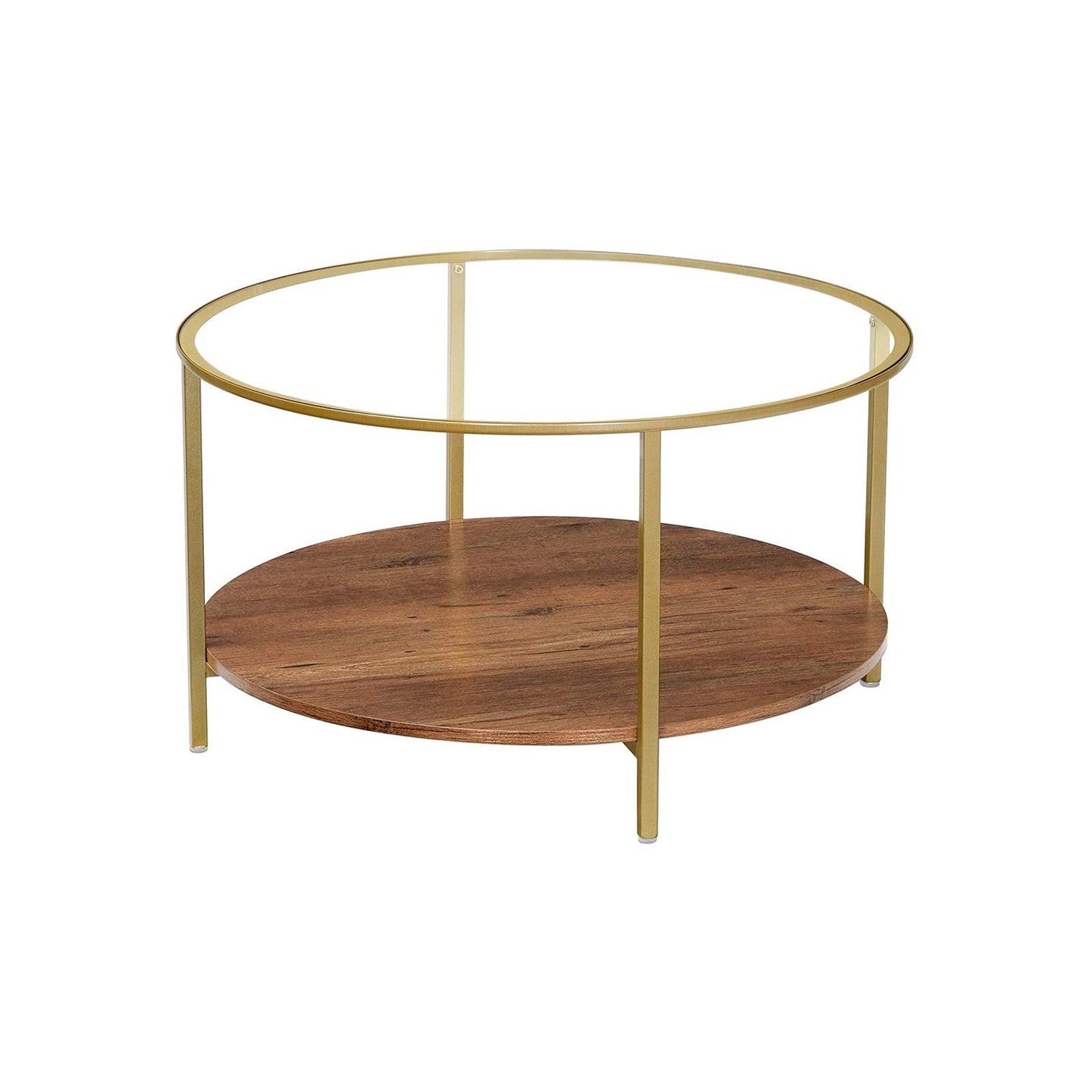 Round Coffee Table - 2-Tier Design - Tempered Glass - Hazelnut Brown and Gold