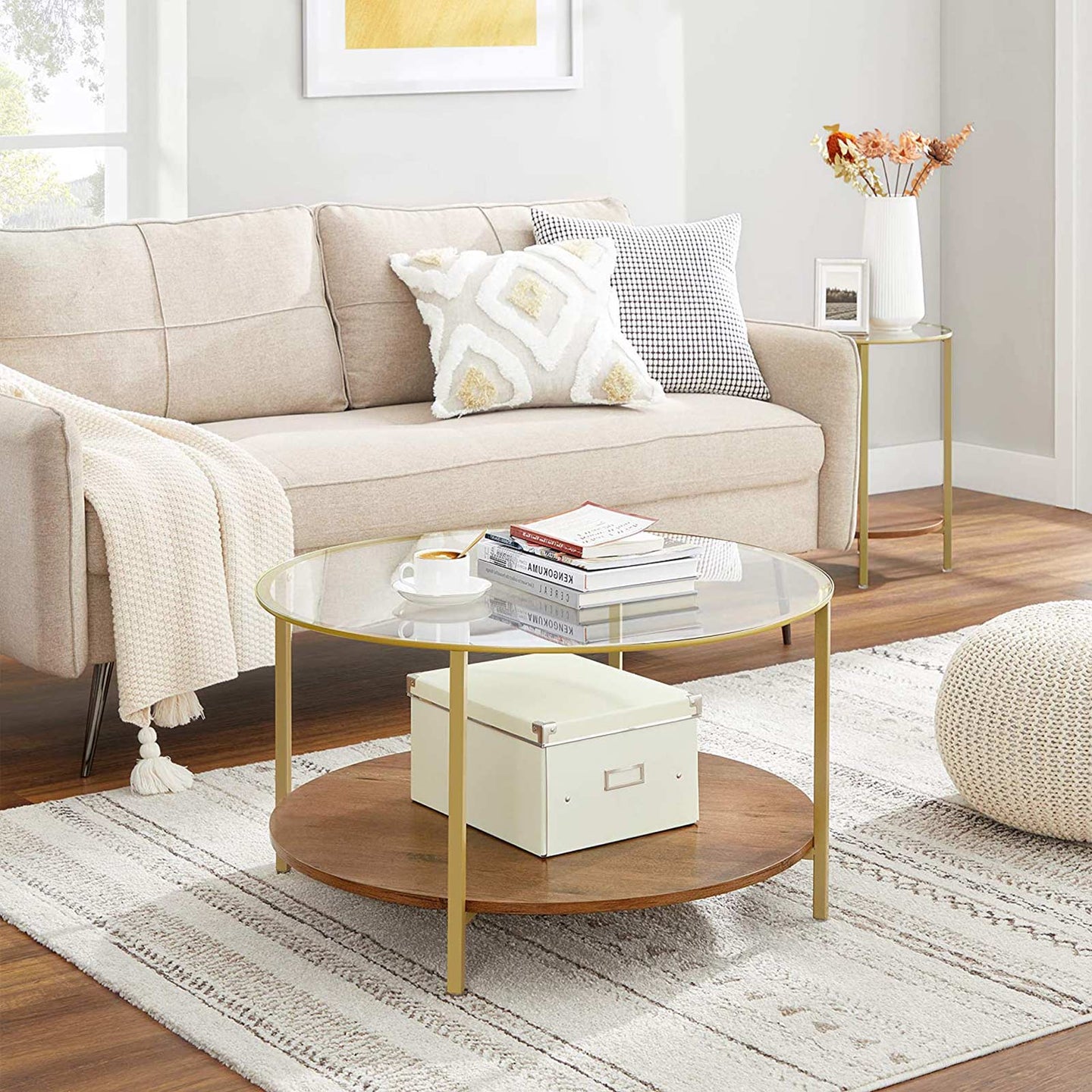 Round Coffee Table - 2-Tier Design - Tempered Glass - Hazelnut Brown and Gold