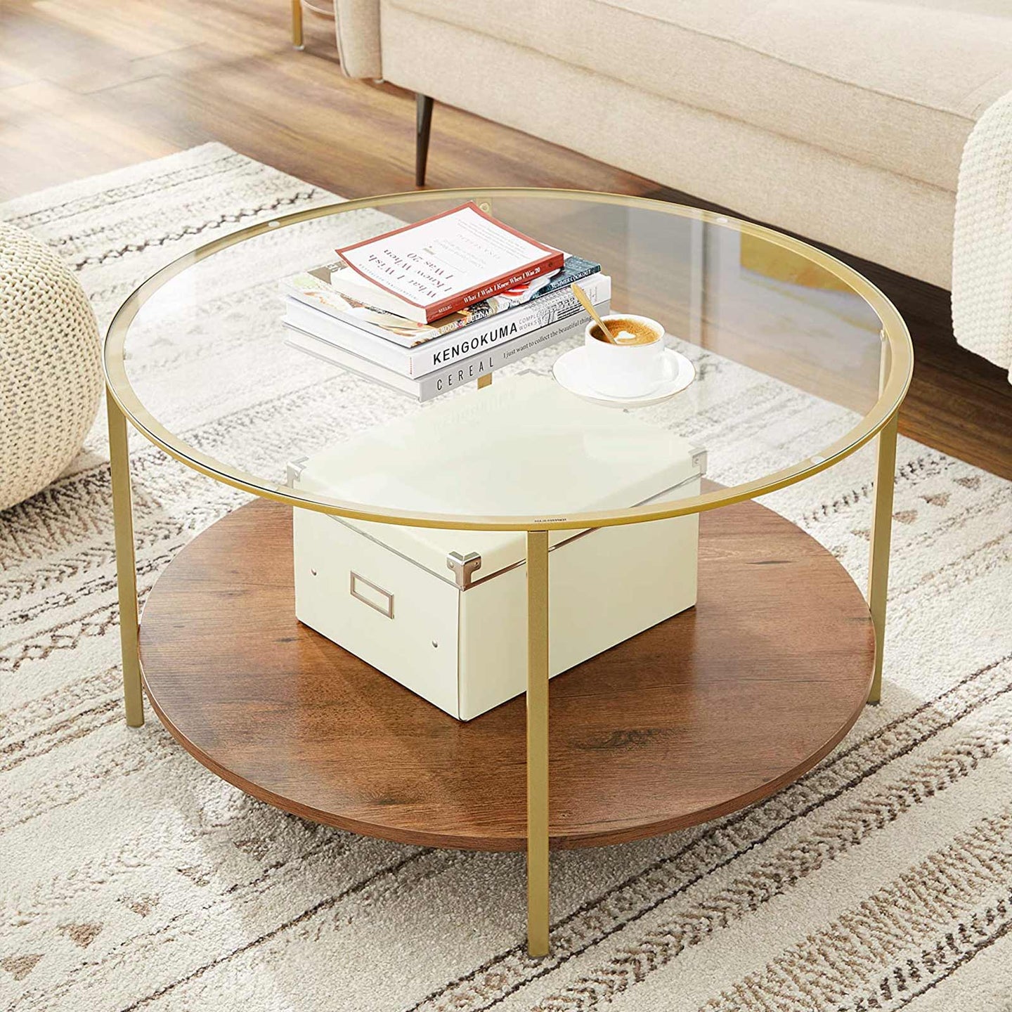 Round Coffee Table - 2-Tier Design - Tempered Glass - Hazelnut Brown and Gold