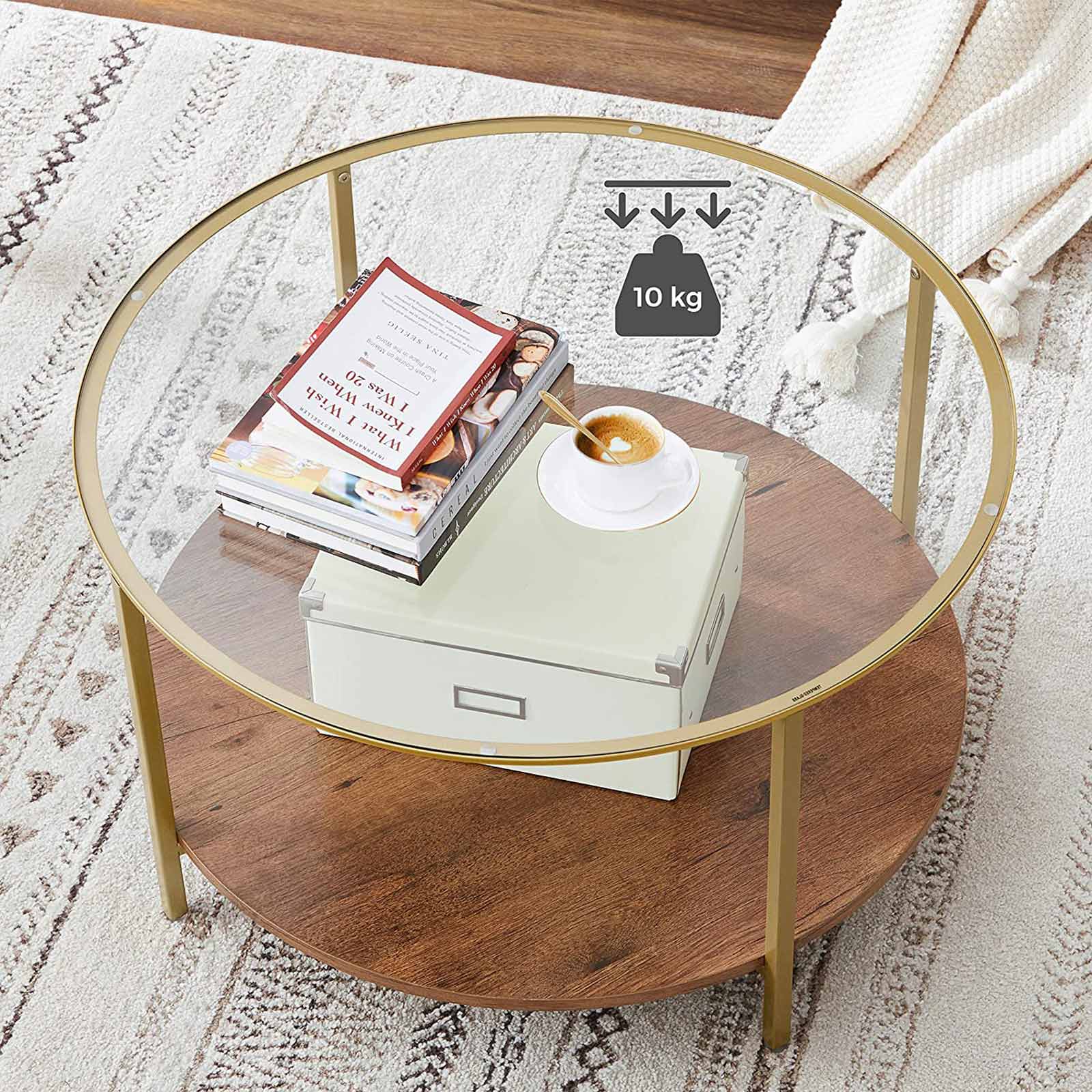 Round Coffee Table - 2-Tier Design - Tempered Glass - Hazelnut Brown and Gold