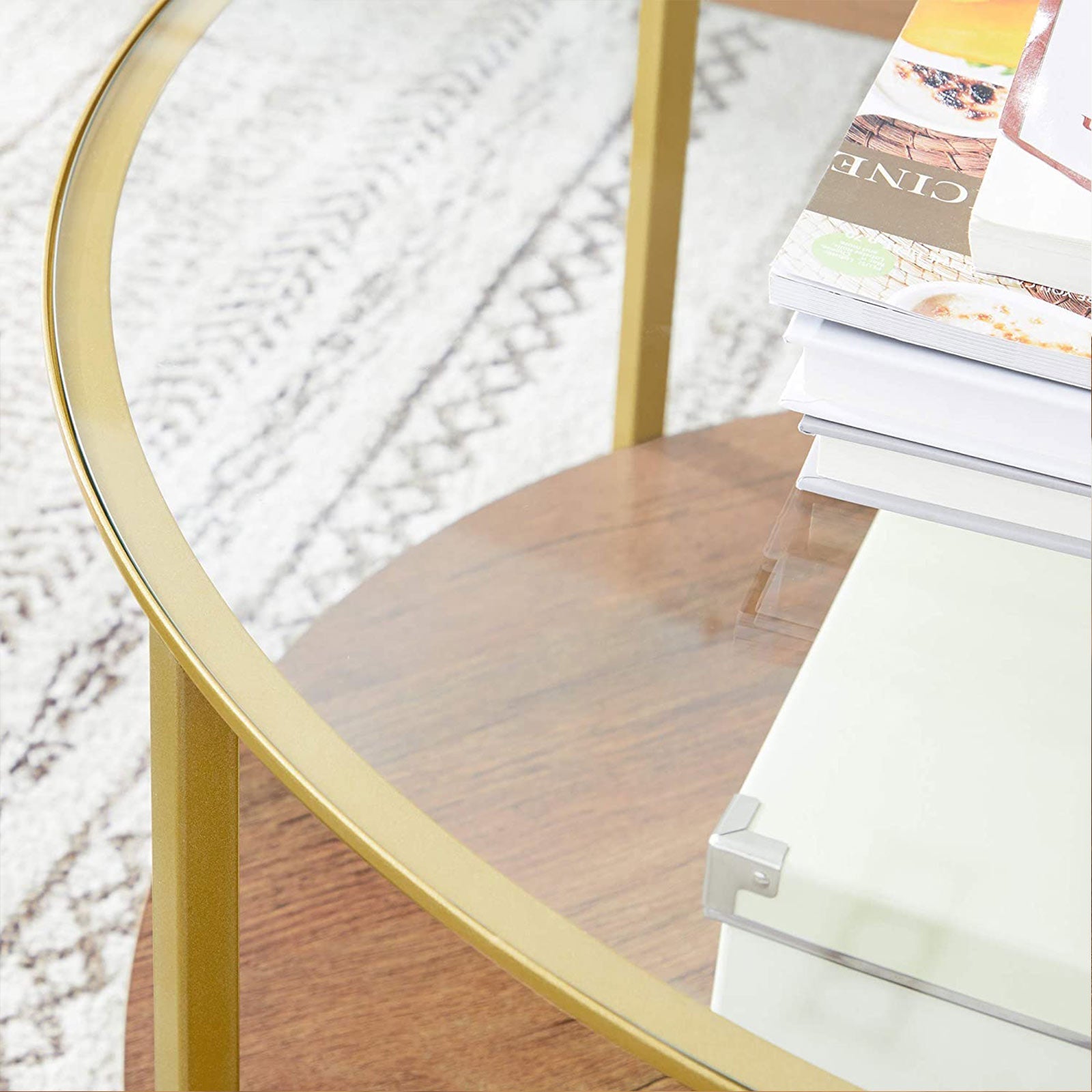Round Coffee Table - 2-Tier Design - Tempered Glass - Hazelnut Brown and Gold