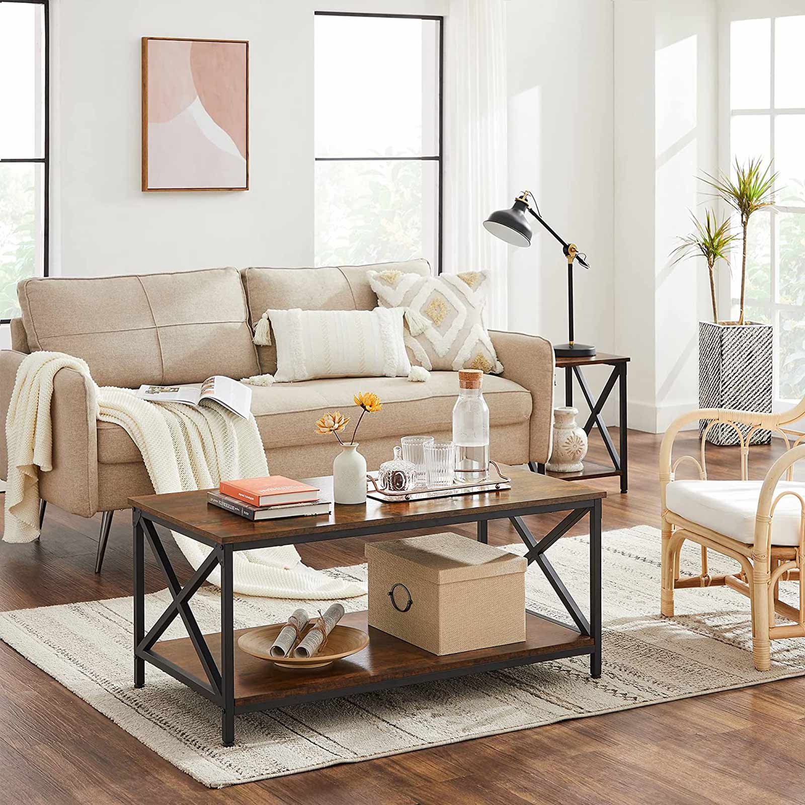 Coffee Table - Engineered Wood - Rustic Brown and Black - X-Shape Frame with Storage Shelf