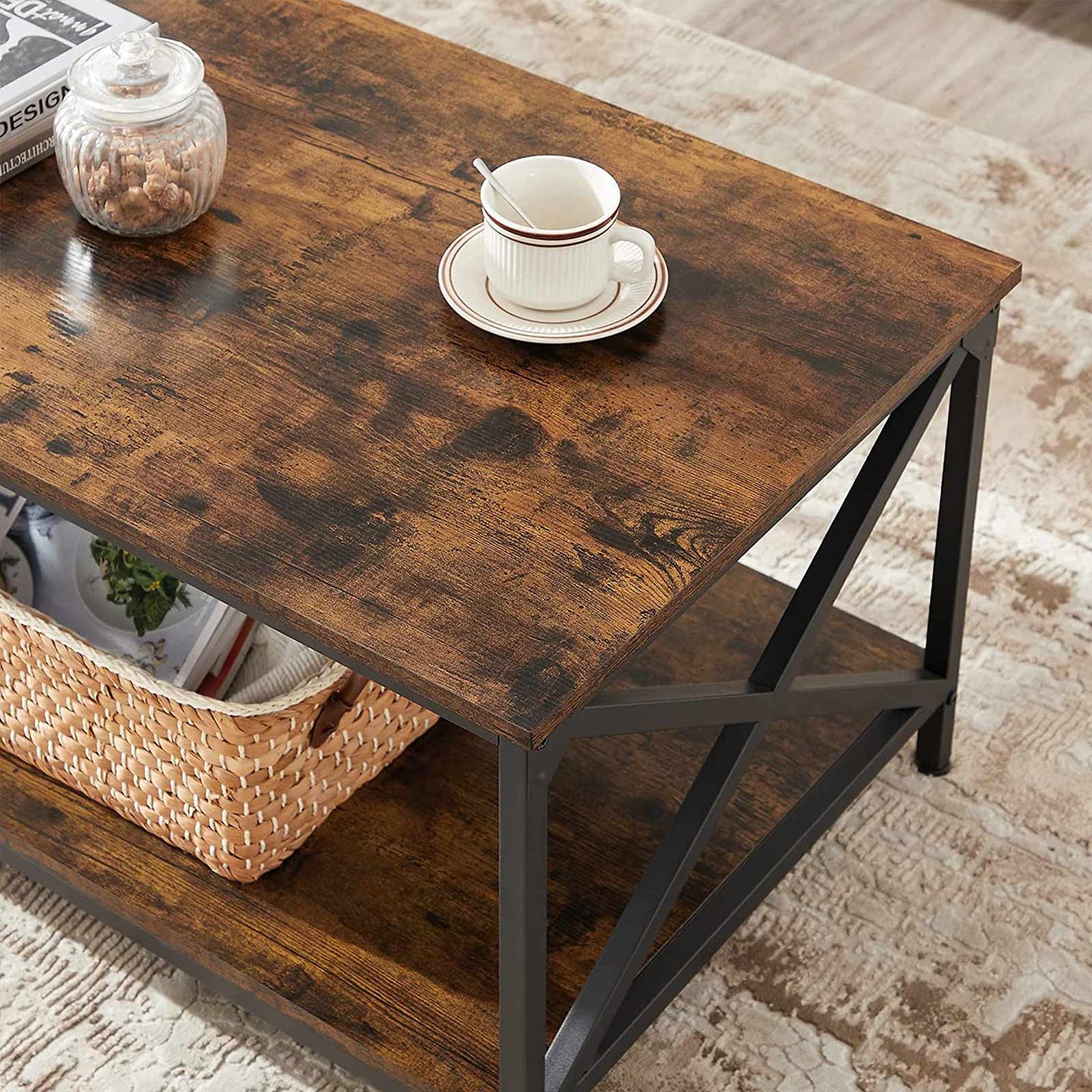 Coffee Table - Engineered Wood - Rustic Brown and Black - X-Shape Frame with Storage Shelf