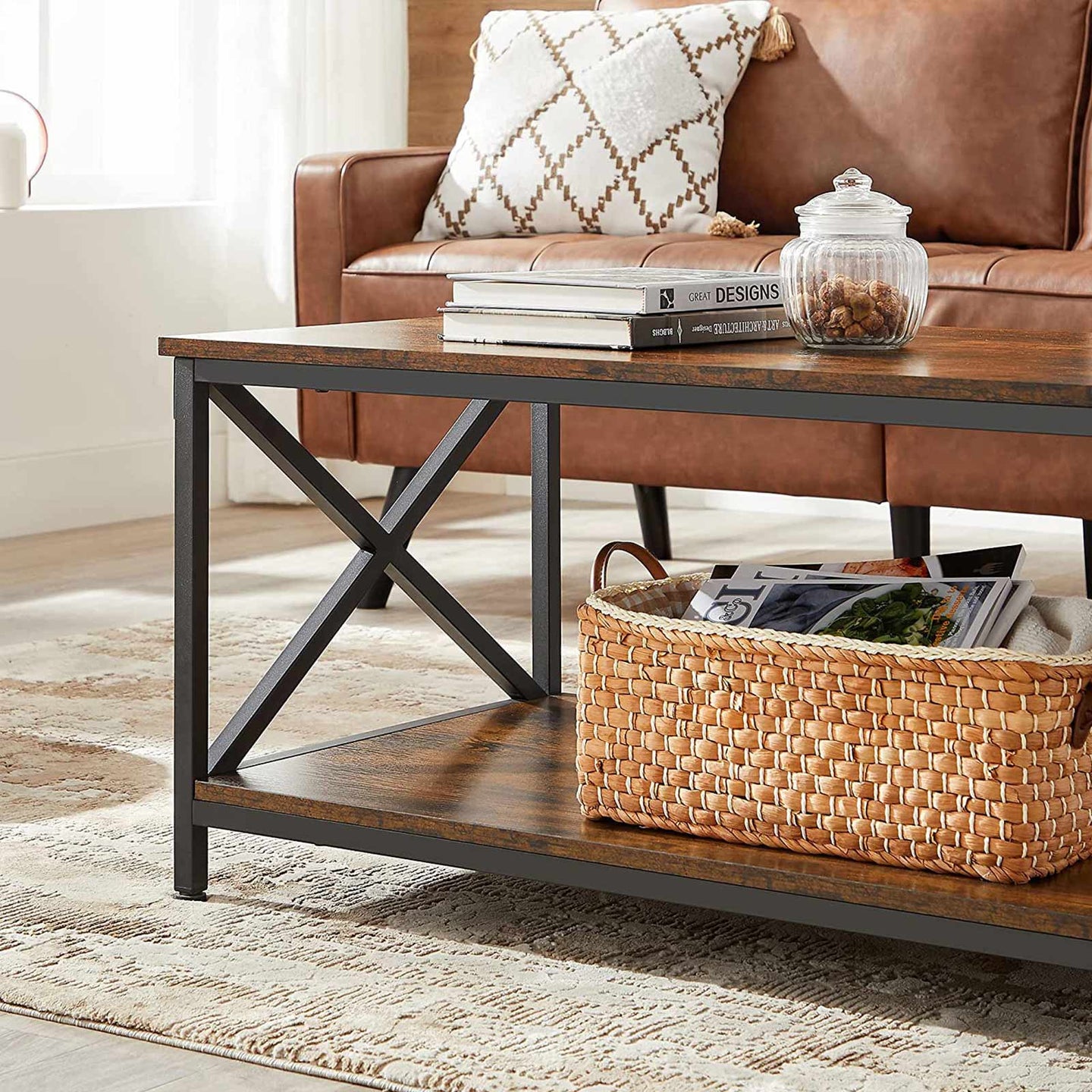 Coffee Table - Engineered Wood - Rustic Brown and Black - X-Shape Frame with Storage Shelf