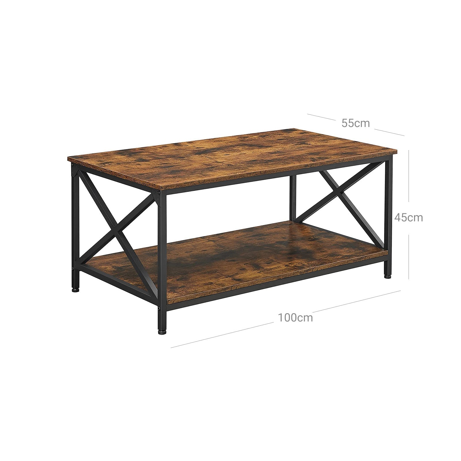 Coffee Table - Engineered Wood - Rustic Brown and Black - X-Shape Frame with Storage Shelf