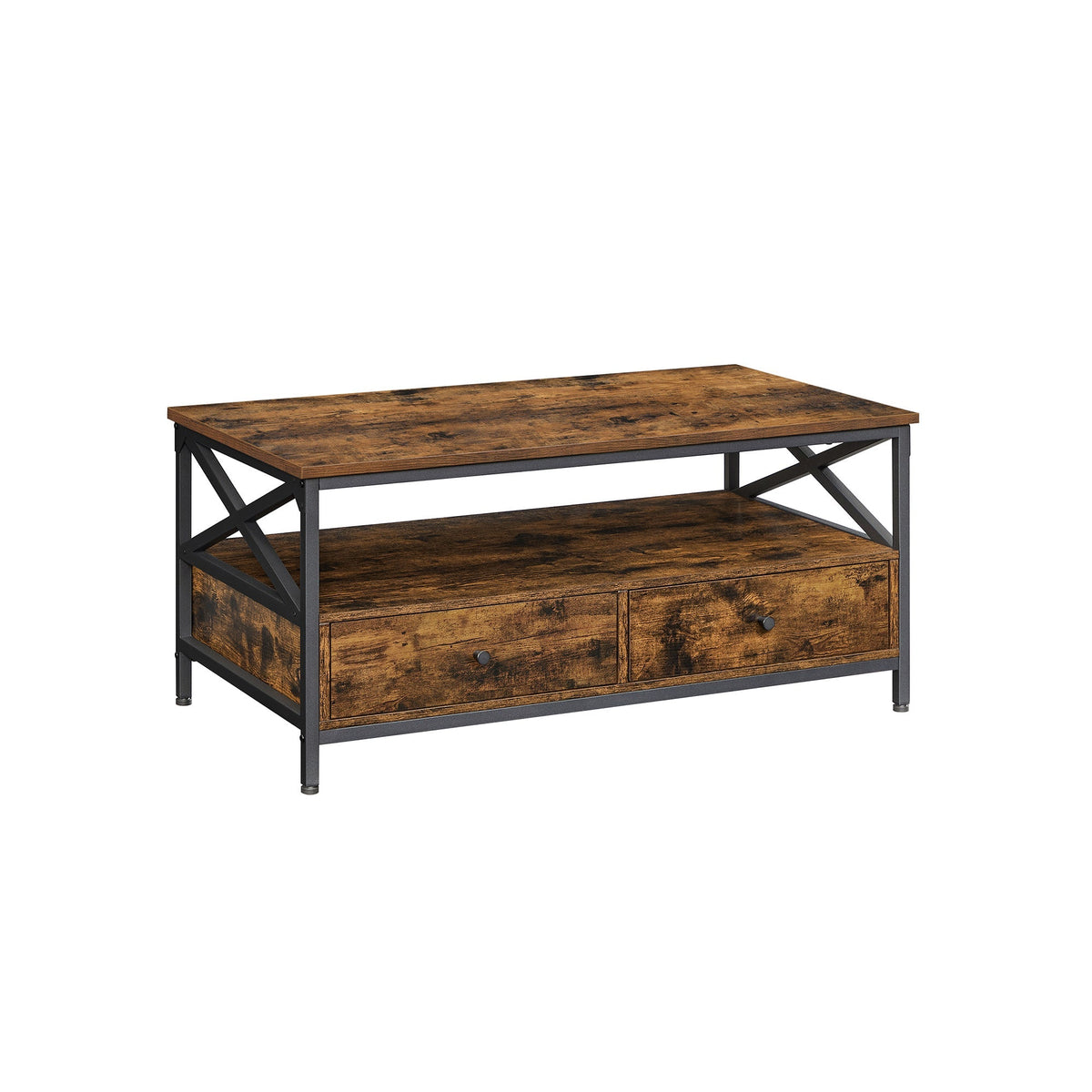 Coffee Table - Wood - Rustic Brown and Black - Open Shelf for Display and Accessibility