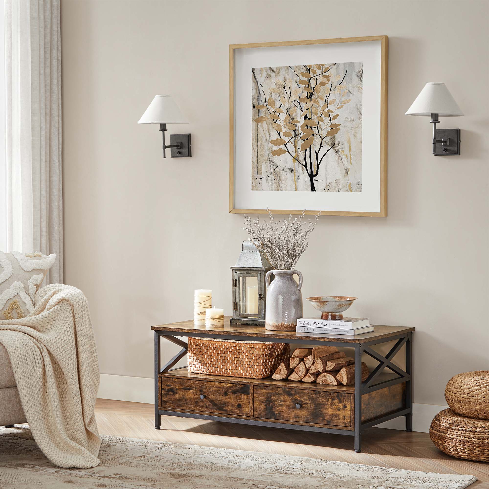 Coffee Table - Wood - Rustic Brown and Black - Open Shelf for Display and Accessibility