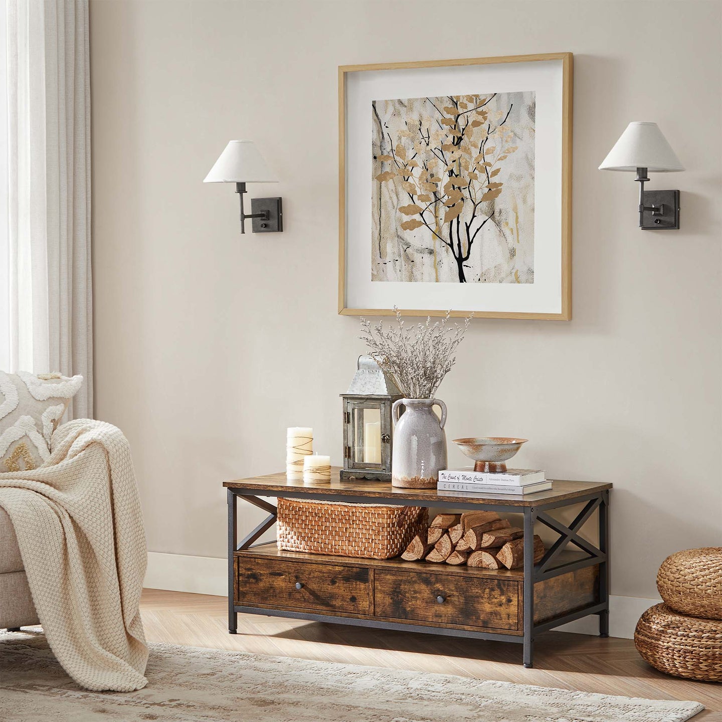 Coffee Table - Wood - Rustic Brown and Black - Open Shelf for Display and Accessibility