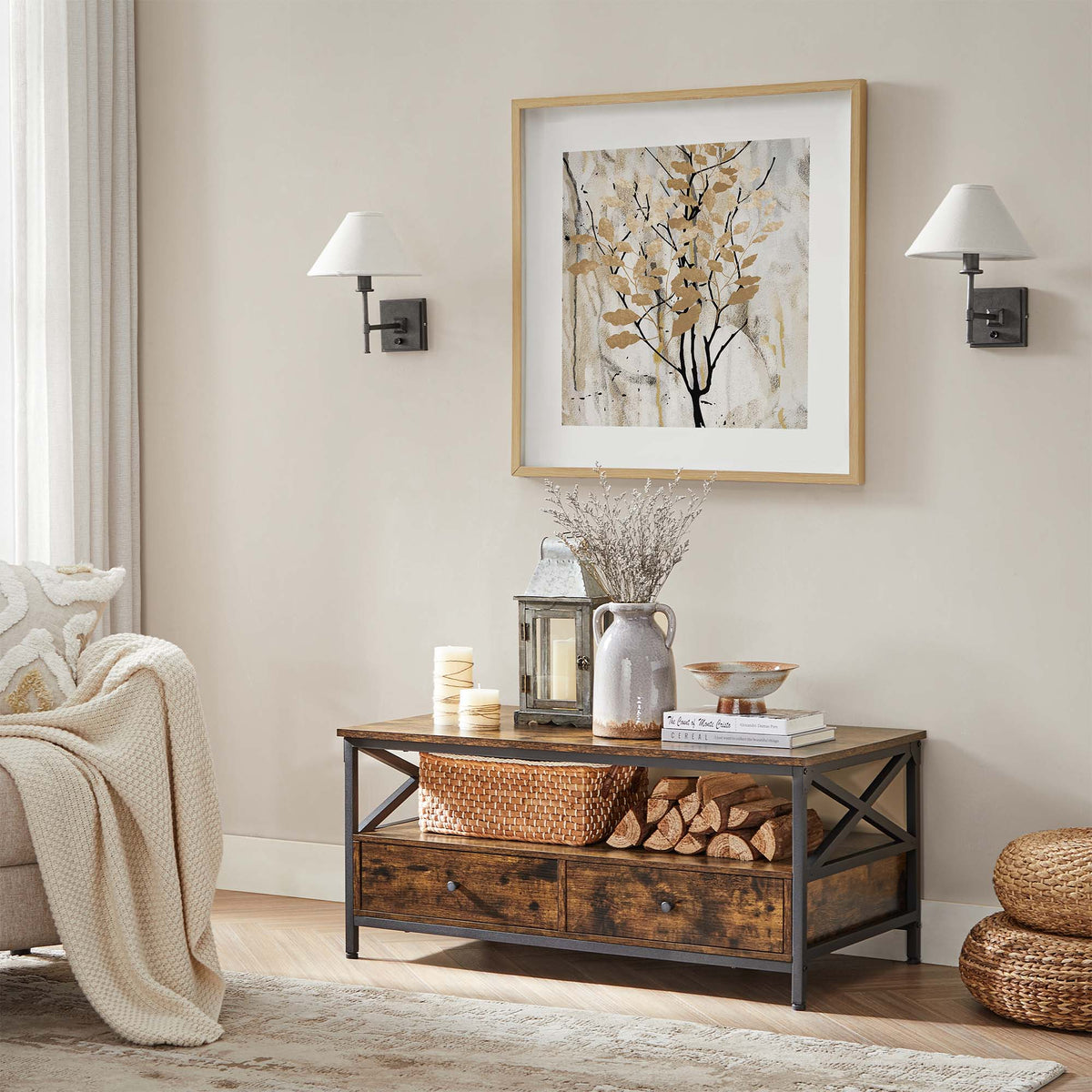 Coffee Table - Wood - Rustic Brown and Black - Open Shelf for Display and Accessibility