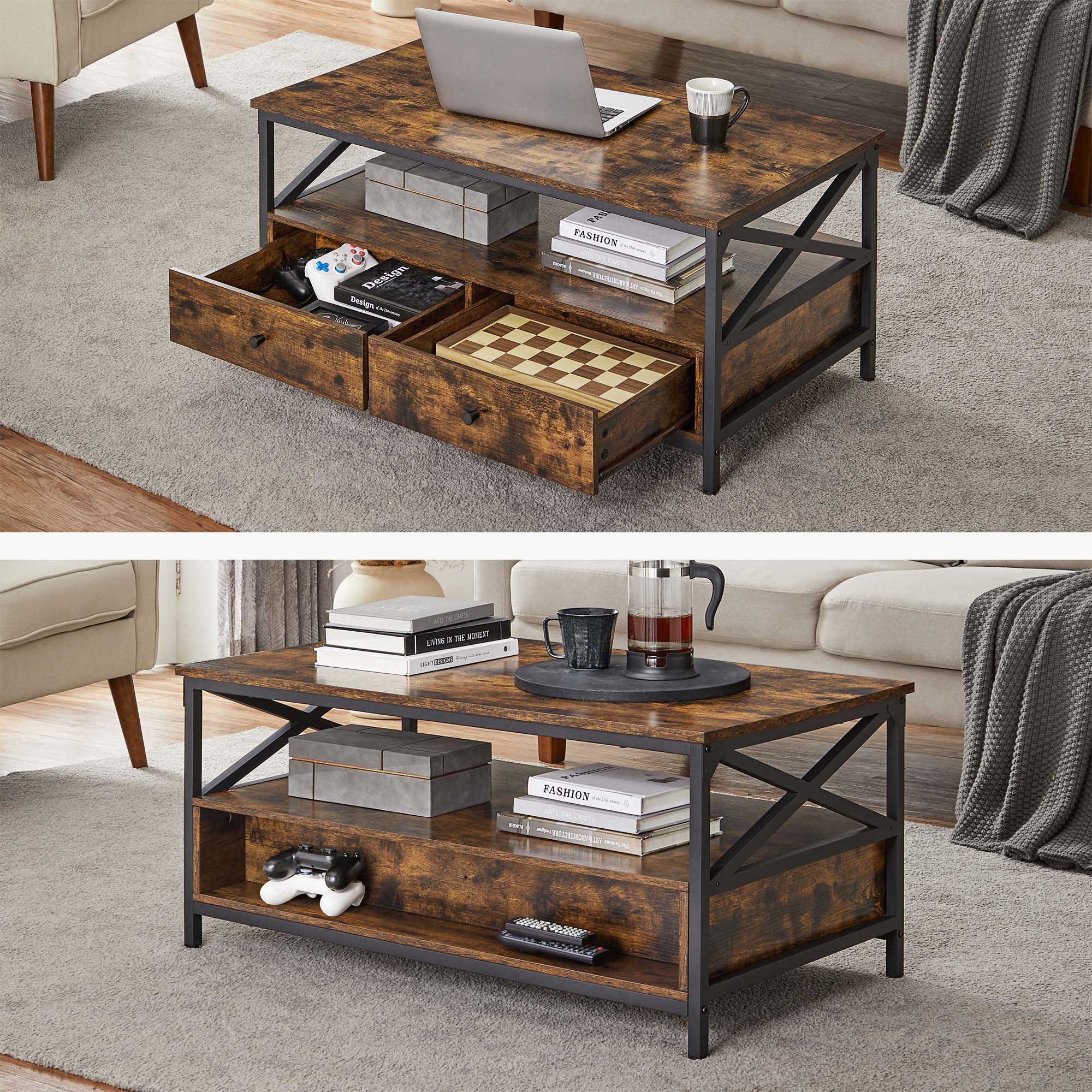 Coffee Table - Wood - Rustic Brown and Black - Open Shelf for Display and Accessibility